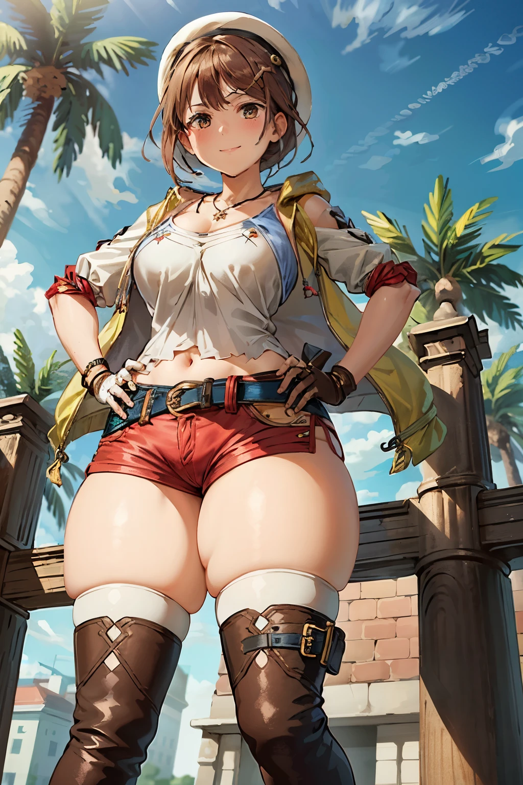 Highest quality, High resolution, Pixel perfect, Lisa, One Girl, alone, Shorts, gloves, Belt Bag, Head Ribbon, jewelry, (Red shorts:1.5), Brown Hair, Thighs Thighs Thighs Thighs, Short shorts, Bridal Legwear, necklace, Brown eyes, hair ornaments, Barrette, star necklace, Closed-toe footwear, leather, star (symbol), White Hat, Brown gloves, Knee-high boots, short hair, Thighs Thighs Thighs Thighs, leather Belt, Tea belt, leather gloves, Jacket, Blue Belt, belly button, Thigh-high boots, (White camisole:1.5), White knee-high, clavicle, Brown footwear, Cleavage, Large Breasts, smile, blush, Plein Air, (Wide pelvis:1.5), (Thick thighs:1.5), (A close-up of the crotch from directly below:1.5), (Hands on hips:1.5)