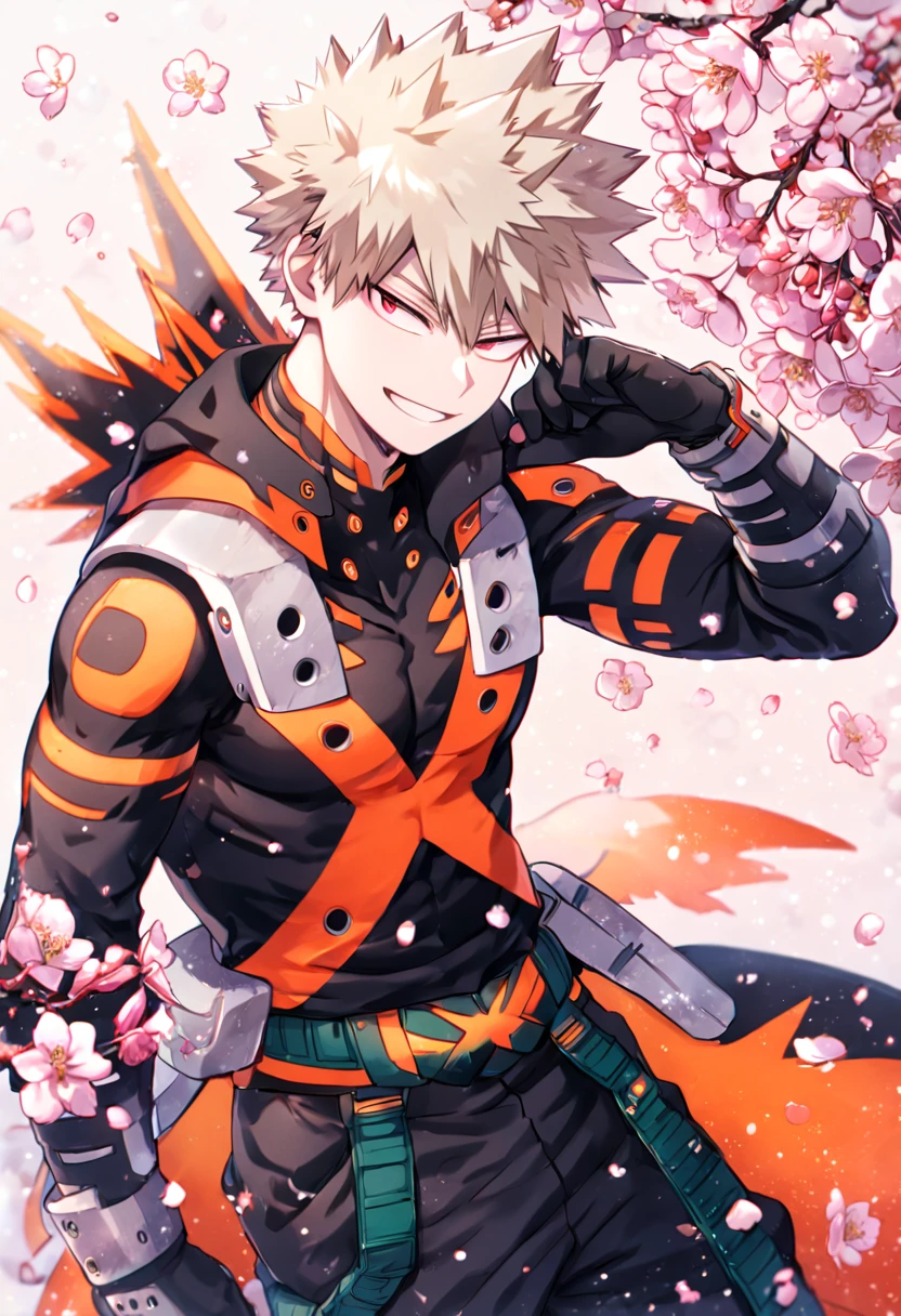 Ultra detailed, HDR, Highres, absurdres, master piece, Bakugou Katsuki, ash blonde hair, expressive red eyes, black hero clothes with oranger patterns, black pants, black gloves, Boku No Hero Academia, sexy man, handsome, cherry, flowers, blossoms, fantasy, magical, pink leaves, snowing, handsome, sensual, best quality, glittering, solo, handsome smile,