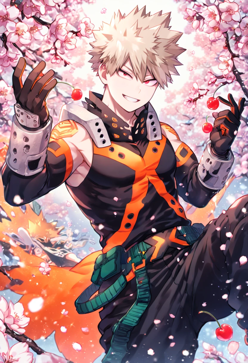 Ultra detailed, HDR, Highres, absurdres, master piece, Bakugou Katsuki, ash blonde hair, expressive red eyes, black hero clothes with oranger patterns, black pants, black gloves, Boku No Hero Academia, sexy man, handsome, cherry, flowers, blossoms, fantasy, magical, pink leaves, snowing, handsome, sensual, best quality, glittering, solo, handsome smile,