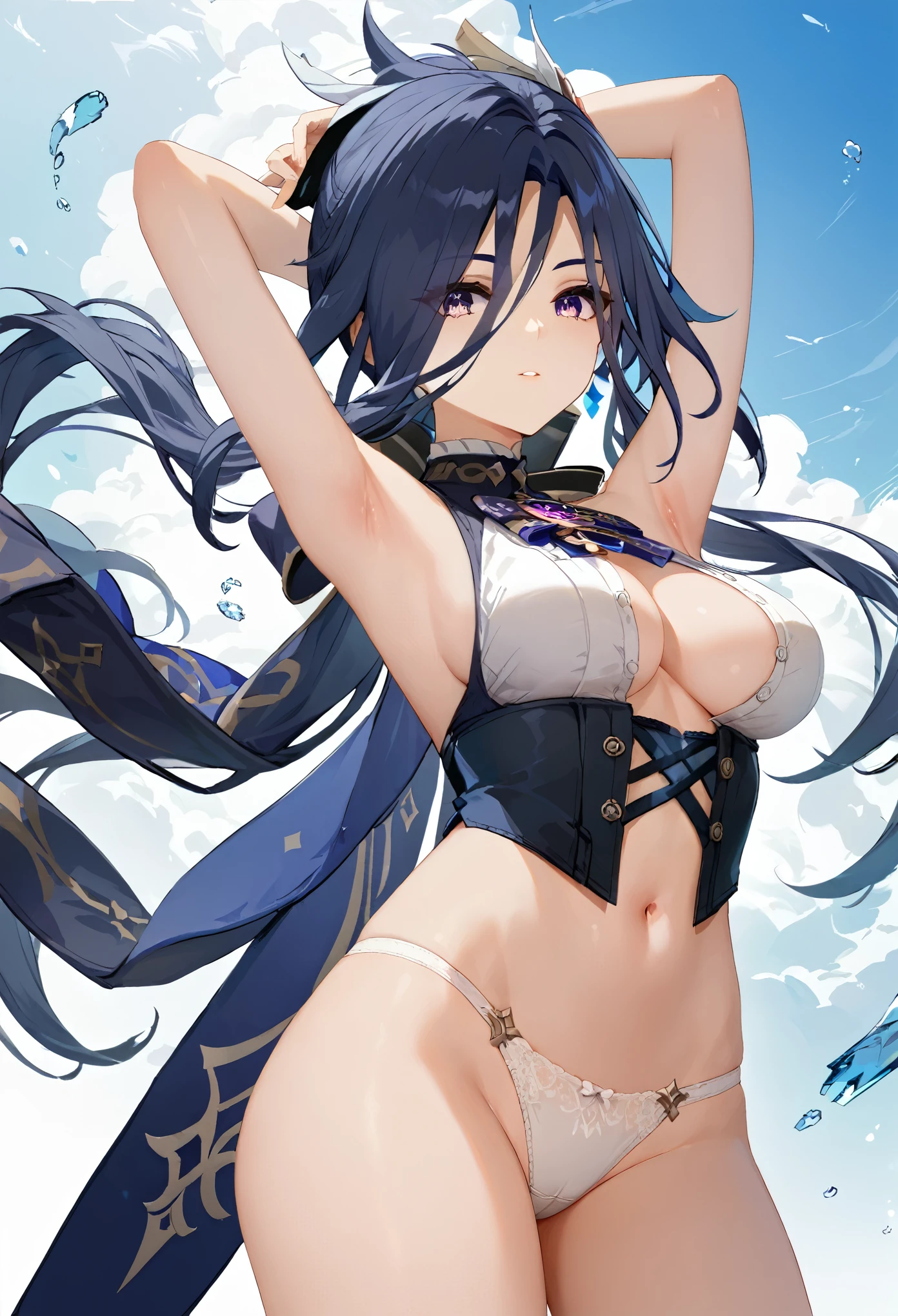 score_9, score_8_up, score_7_up,source_anime, high res image,masterpiece,best quality,girl,cute face,clear skin,clorinde_genshin,panties,armpit,