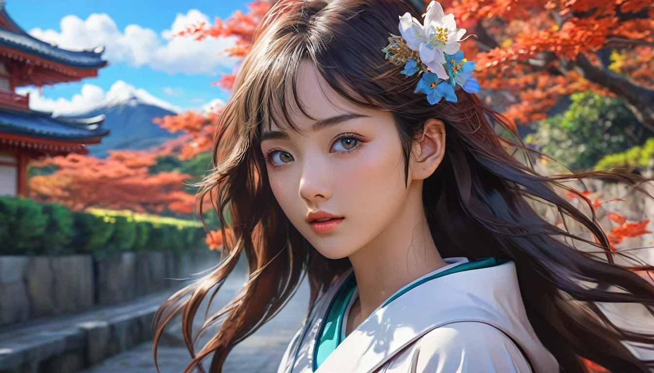 Masterpiece,(((A beautiful modern girl))),beautiful and moving，high quality（((Famous scenes from anime))）（(A touching scene)）,Beautiful Face。Hyper Details。High resolution。Anime Style。 HDR。 8k。The contrast between the fantastic scenery, the beautiful woman, and the bold color scheme and elements、It gives this piece an interesting story.。Painted Realism、Photorealistic、fantasy digital art、Rendering Information：32K resolution、Expressive details、
