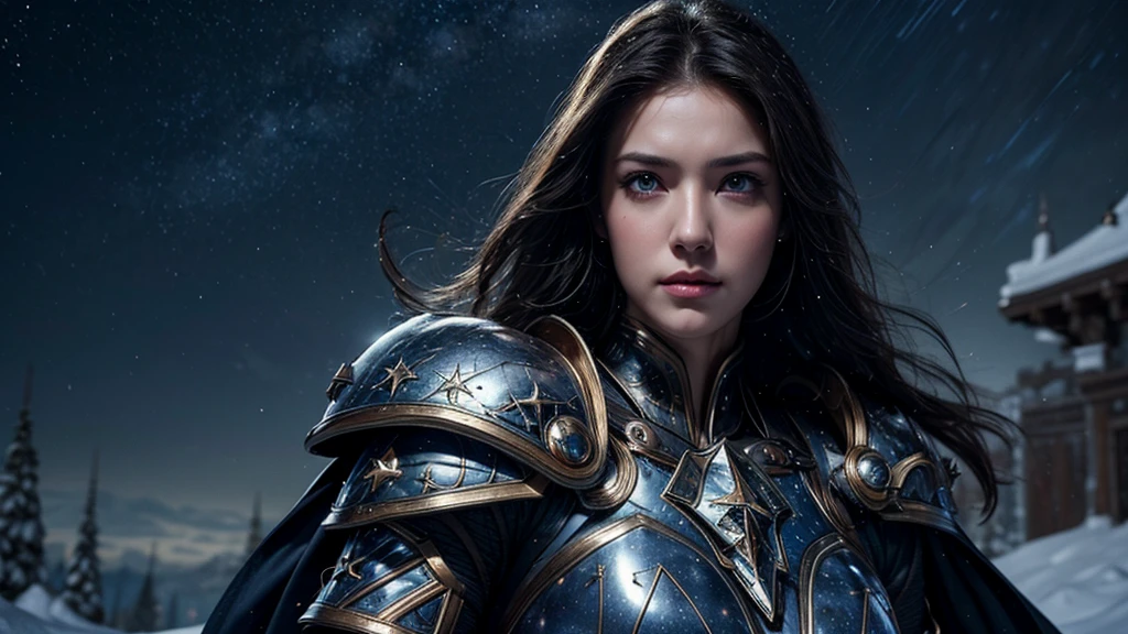masterpiece, rest, best quality, Very detailed, Super real, 16K, high resolution, Snow Castle， ((Starry Sky)),Female Warrior，Gorgeous armor，Complex Mode，Pretty Face，Closed mouth，dramatic，Upper body photo，Glowing eyes，Large Breasts