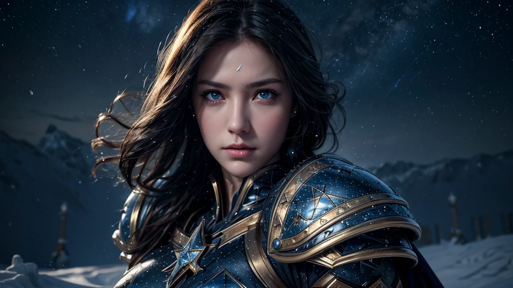 masterpiece, rest, best quality, Very detailed, Super real, 16K, high resolution, Snow Castle, ((Starry Sky)),Female Warrior,Gorgeous armor,Complex Mode,Pretty Face,Closed mouth,dramatic,Upper body photo,Glowing eyes,Large Breasts
