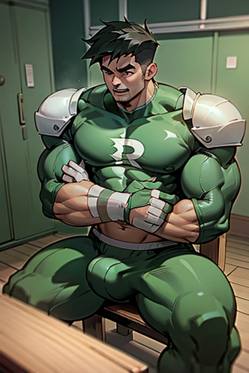 Danny Fenton in a locker room sitting on a wooden bench with football jocks and listening to hypnotic MP.3 player playing subliminals through earbuds in his ears as he is imilated into their team. Turning into stereotypical football jock just like Dash Baxter. Black hair with blonde highlights. hyper muscles. Big biceps. Big triceps. Big traps. big lats. big deltoids. Big meaty pecs. Swollen crotch bulge. Tenting crotch. Open mouth. Sneer. Cocmirk. IQ drain. Dumber and dumber. big dumb jock. Jock assimilon. Hypnosis. Hypnotic trance. Brainwashing. Brainwashed. Hypnotized. Entranced. Jock assimilati Jock conversion. Meathead. Musclehead. Brute. Bro. "I must grow.... I must obey.... Be a bro.... I must flex.... Must work out.... Get pumped.... Pump muscle up.... Pump brains out.... Bigger and bigger.... Dumber and dumber.... Don't think.... Hate smarts.... Just a big ... dumb ... jock...." Sneering. Smirking. Cocky. Footbaniform. Cleats. Shoulder pads. Jockstrap. Coach smiles approvingly and lays a hand on Danny's shoulder pad.