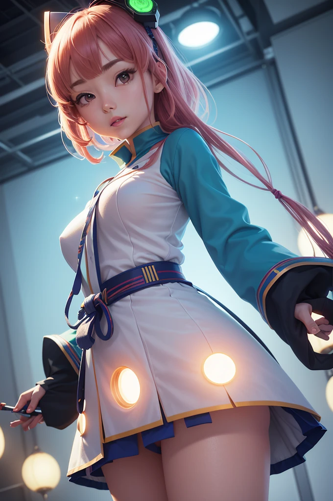 Create 8k image quality illustrations with 4D models, very detail,bright colour, from the subject of a picture of a Japanese woman, has a half-robot body with complementary ornaments like the Gundam anime, gaya model close-up, Aim for mid-band focus, use sparkling light effects with futuristic friends, background in a futuristic mechanic workshop.