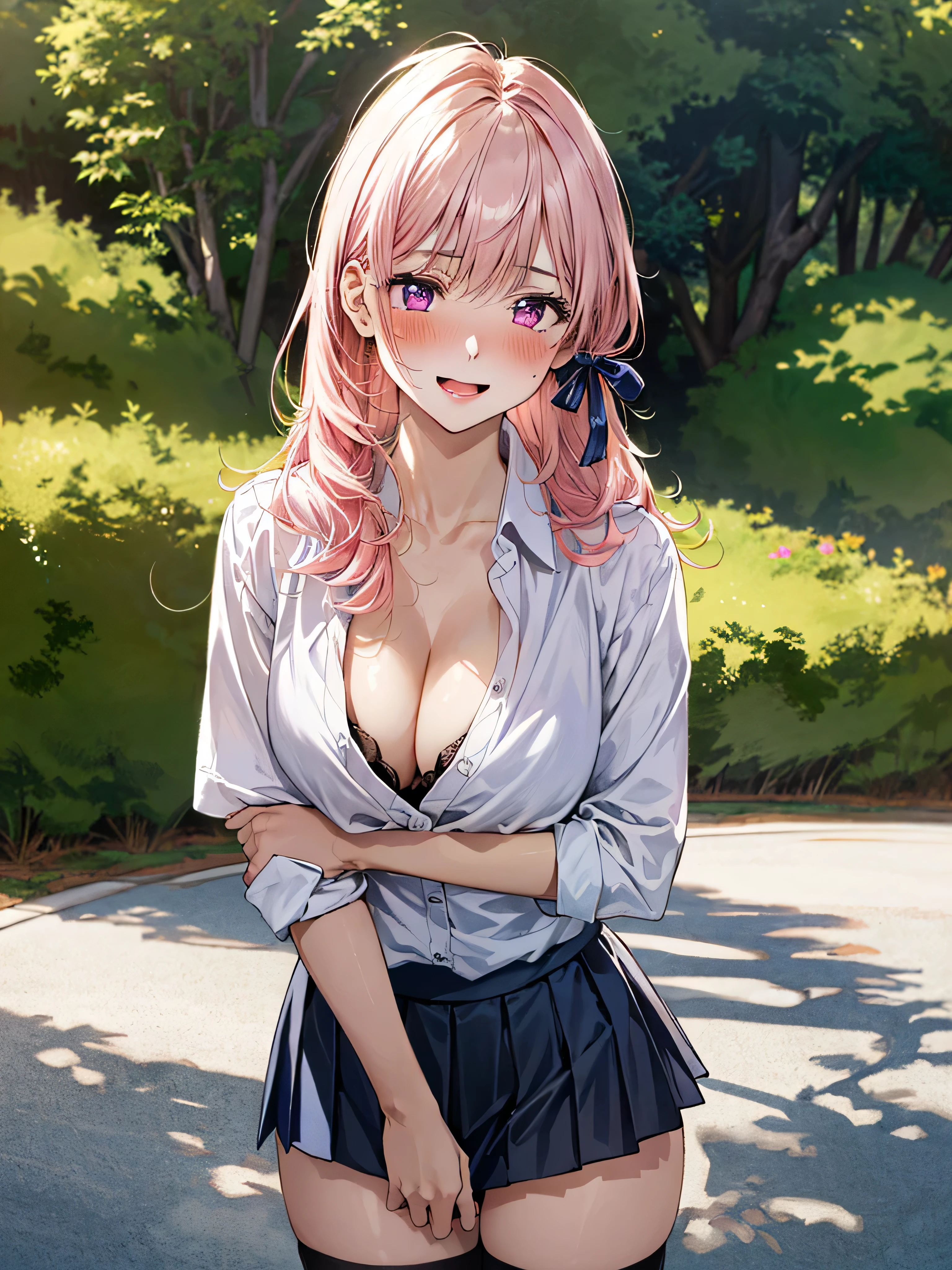 (masterpiece:1.3, top-quality, ultra high res, ultra detailed), (cleavage:1.4),(realistic, photorealistic:1.4), beautiful illustration, perfect lighting, natural lighting, colorful, depth of fields, surrealism, (embarrassed,blush:1.3),
beautiful detailed hair, beautiful detailed face, beautiful detailed eyes, beautiful clavicle, beautiful body, beautiful chest, beautiful thigh, beautiful legs, beautiful fingers, shiny skin,
looking at viewer, 1 girl, japanese, high school girl, (perfect anatomy, anatomically correct, super detailed skin), cute and symmetrical face, babyface, perfect face, perfect eyes,
(middle hair, two side up, pink hair), crossed bangs, purple eyes, drooping eyes, big eyes, long eyelashes, (large breasts, seductive thighs, skindentation), slender, outstanding style,
((detailed cloth texture, white collared shirt, blue pleated skirt, dark red neck ribbon), black thigh-highs, loafer),
(beautiful scenery), late afternoon,hands on chest, (lovely smile, upper eyes, open mouth small),