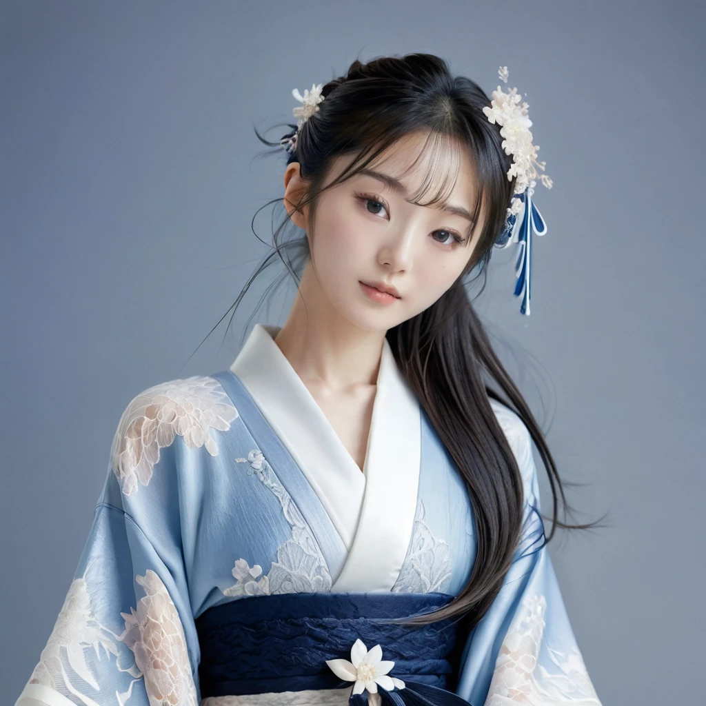 delicate makeup, beautiful Japanese woman with a slender body, white skin and angelic face, long hair up., wearing a Japanese kimono style dress with lace details, blue and gray colors.