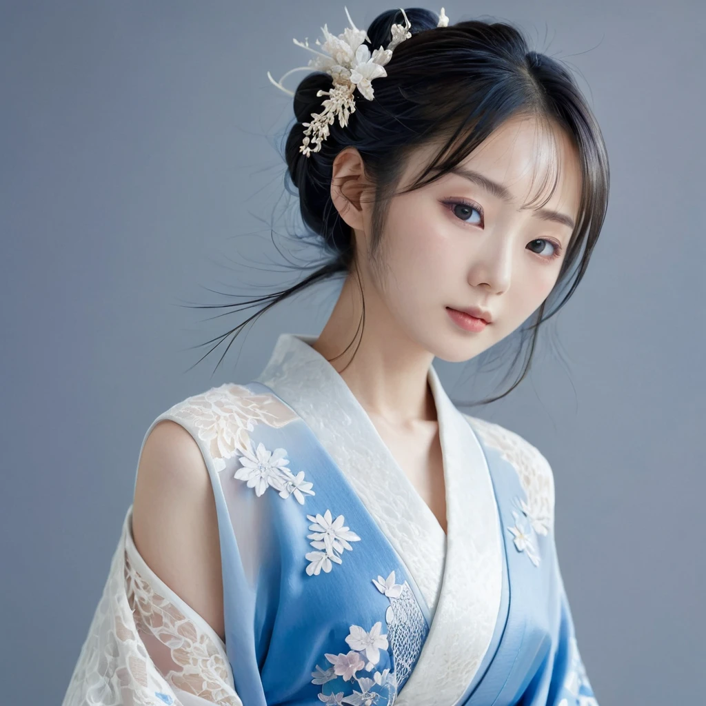 delicate makeup, beautiful Japanese woman with a slender body, white skin and angelic face, long hair up., wearing a Japanese kimono style dress with lace details, blue and gray colors.