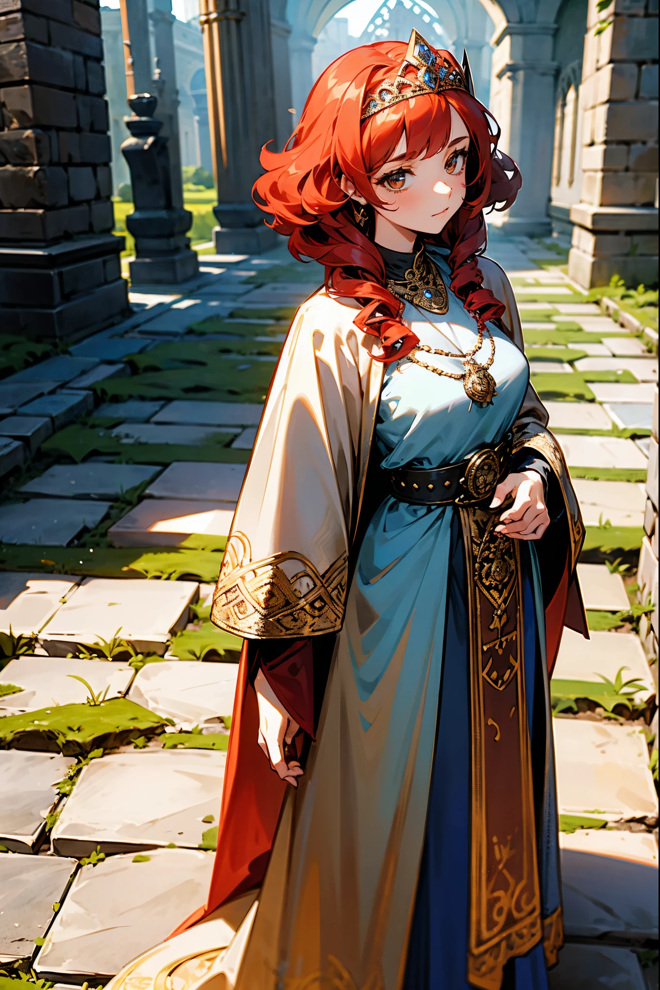 1female, curly red hair, hazel eyes, silver tiara, long blue medieval dress, ornate amulet, intricate belt, slender, standing on a cobblestone path, ancient castle ruins background, masterpiece, 8k.