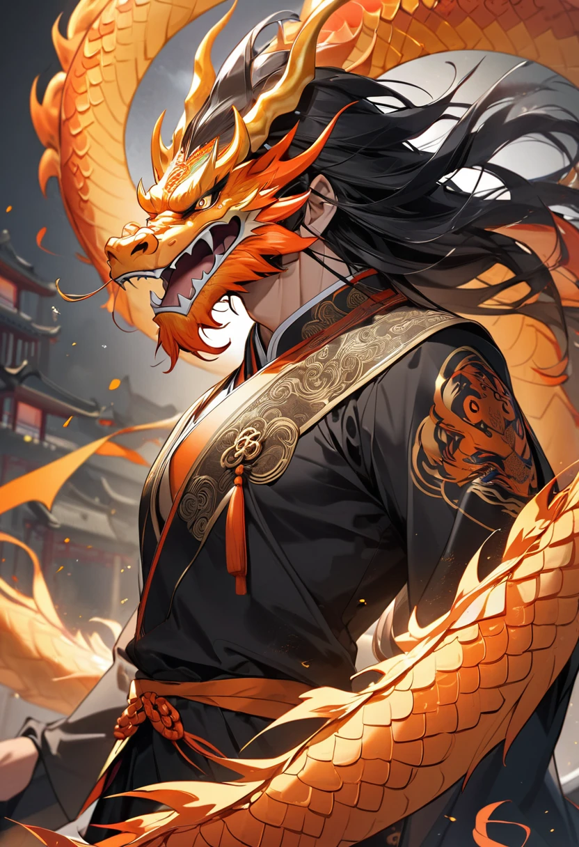 king man long black hair, black eyes with orange chinese dragon parts