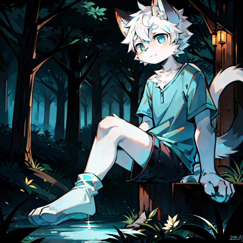 furry， cat boy，（White hair），（Dark gray skin），blue eyes，Sitting in the forest at night，（（Wear short white socks）），Light blue pajamas and shorts，The only person，high quality