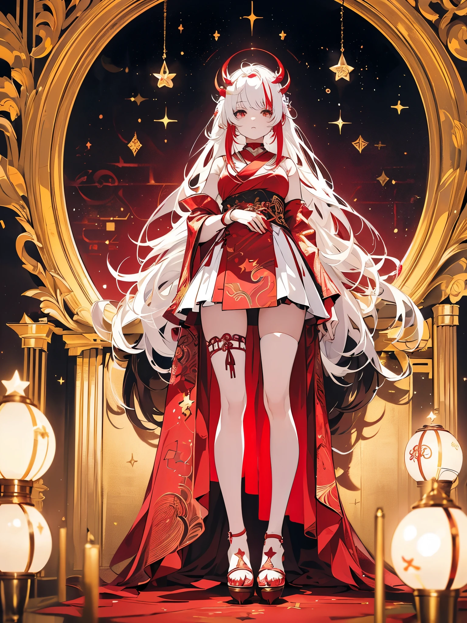 higanbana, girl with long white hair, blood red eyes, battle weapon, swit god, contemptuous look, small corner mouth, small breasts, round breasts, thick thigh, platform heels, (((star reference to aries, in a location with side lighting and perfect shadows))), full body, {extremely detailed 16k CG unit wallpaper}, expansive landscape photography, (a bottom view with focus on the character and the setting), (wide open field view), (low angle shot), (high light: 1.2), (low light: 1.2), (warm light source: 1.5), intricate details, (iridescent colors: 1.5), (bright lighting), (atmospheric lighting), dreamy, unique,