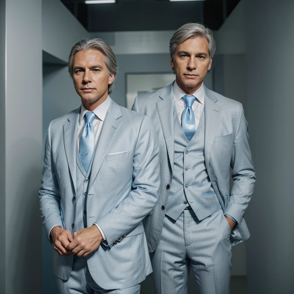 Maximum photo quality, studio photography, a silver-haired man. American, tall, news anchor. wearing a pastel blue suit.