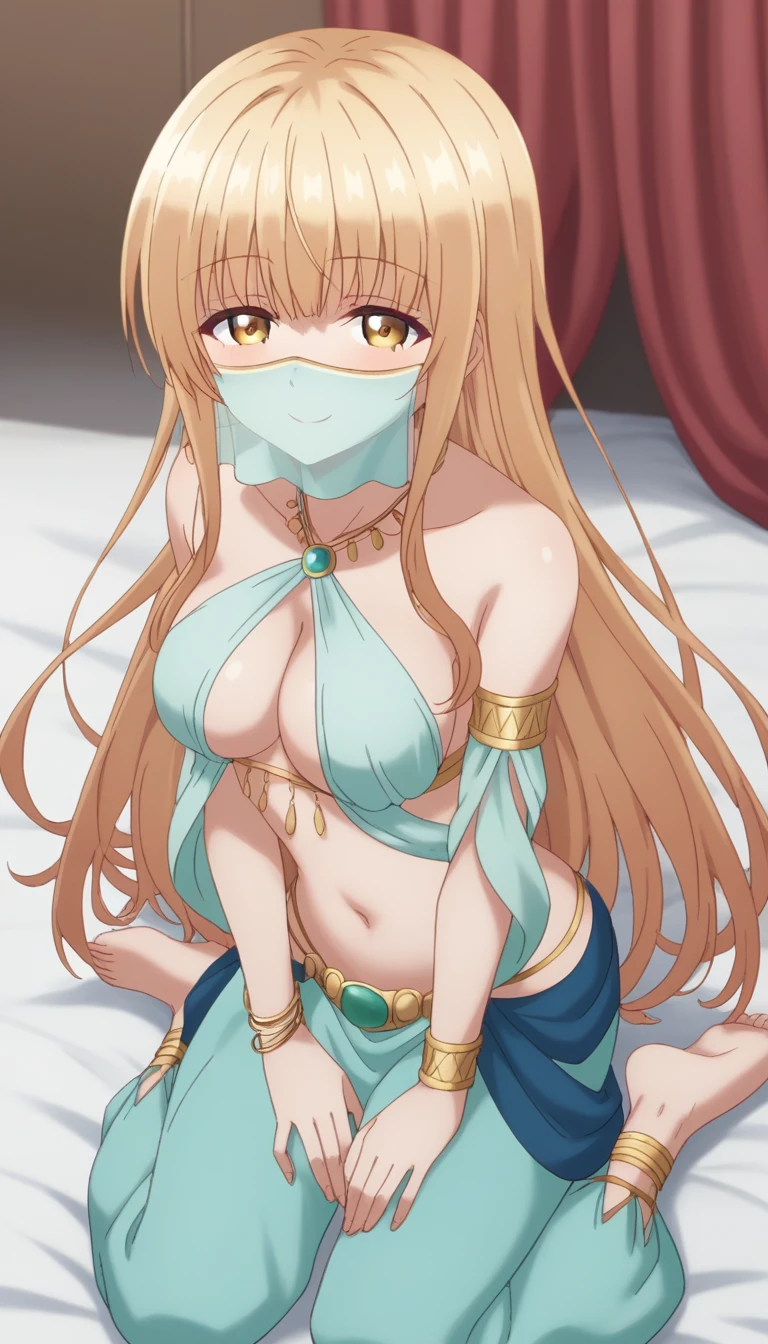 score_9, score_8_up, score_7_up, rating_safe, 1girl, solo, MahiruShiina, otonari no tenshi-sama ni itsu no mani ka dame ningen ni sarete ita ken, shiina mahiru \(otonari no tenshi-sama\), yellow eyes, blonde hair, long hair, straight hair, medium breasts, revealing clothes, harem outfit, mouth veil, collarbone, halterneck, criss-cross halter, necklace, detached sleeves, bracelet, bare shoulders, navel, hip vent, harem pants, barefoot, cleavage, from above, wariza, hands on lap, breasts, looking at viewer, looking up, bed sheet, red curtains, pillow, blush, smile, half-closed eyes