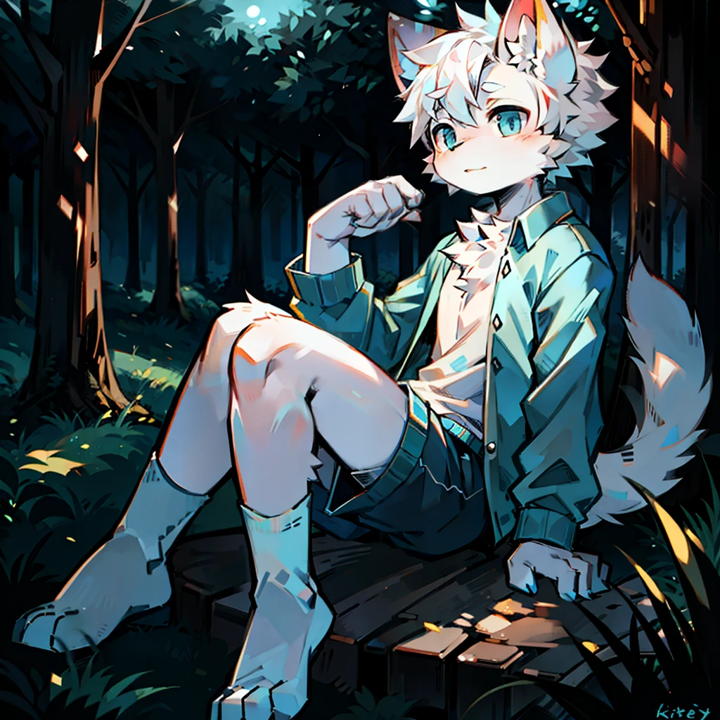 furry， cat boy，（White hair），（Dark gray skin），blue eyes，Sitting in the forest at night，（（Wear long white socks）），Light blue pajamas and shorts，The only person，high quality