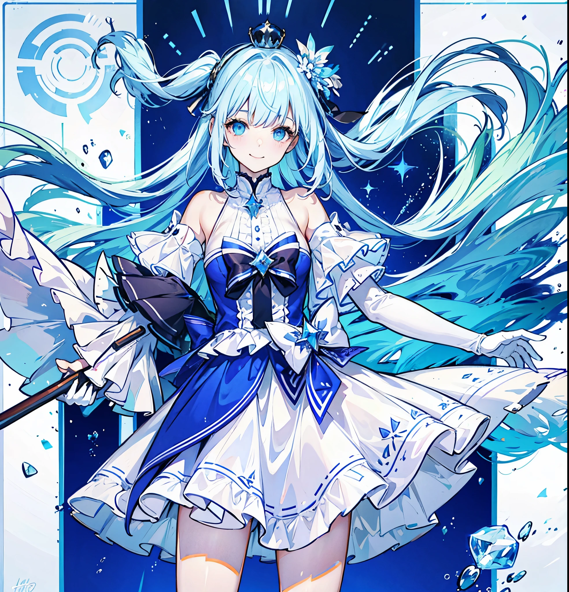 Accurate, Anatomically correct, Very detailed, Advanced Details, high quality, Award-winning, 最high quality, High resolution, 1080P, hard disk, 4K, 8k, 16K, Long white hair, Bright blue eyes shining brightly,hand out, smile,Ice crown, Fluffy white dress, mini skirt frilly and short, sleeve lest, white elbow high gloves