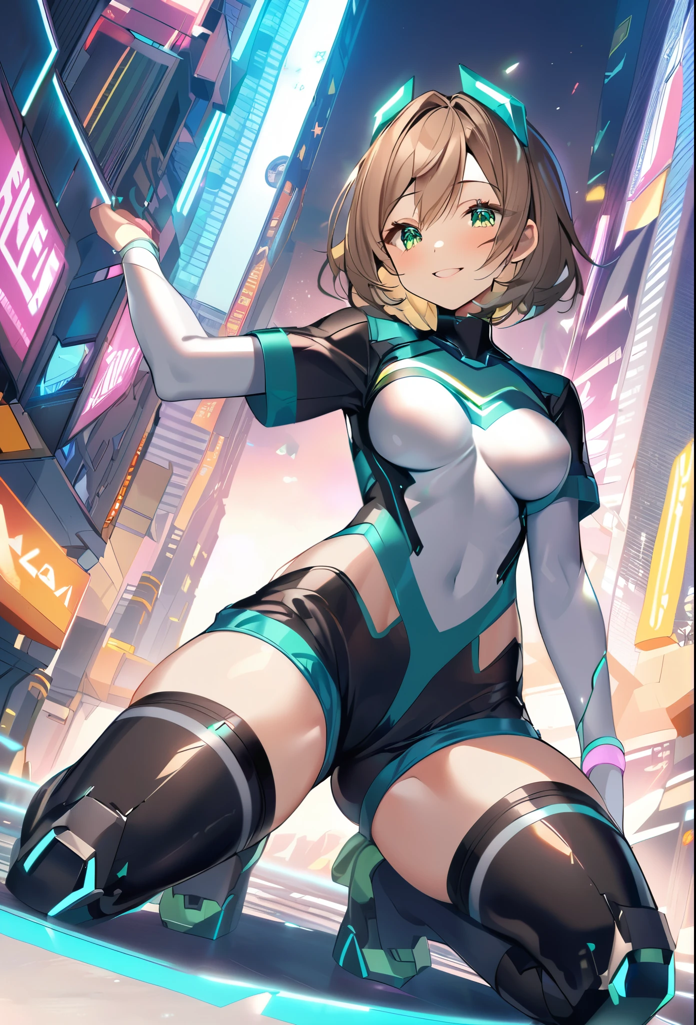 aile_megamanzx, kneeling with one hand on the ground and the other arm raised, 1girl, solo, short hair, brown hair, short sleeves, (bodysuit), robot ears, green eyes, (very_short_shorts:1.3), short sleeves, short over long sleeves, smile, in futuristic city, , high quality, medium_breasts,crotch, slouch,groin,dynamic_angle