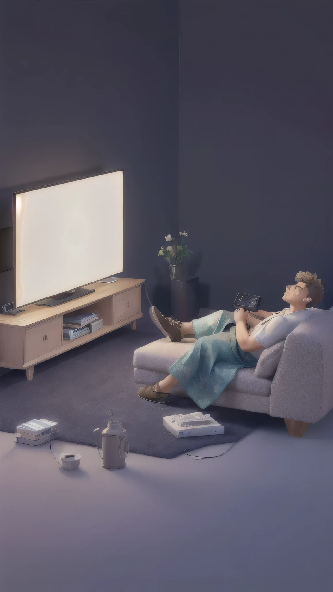 Man lying on the sofa watching TV,Holding the remote control,masterpiece, best quality, (Extremely detailed CG unity 8k wallpaper), (best quality), (Best Illustration), (Best shadow),Realistic lighting,Beautiful and delicate light, Artworks by Peter Mohr Bacher,Detailed depiction,Detailed depiction,Detailed depiction of hands,Detailed depiction of feet,Detailed depiction of face,HairDetailed depiction