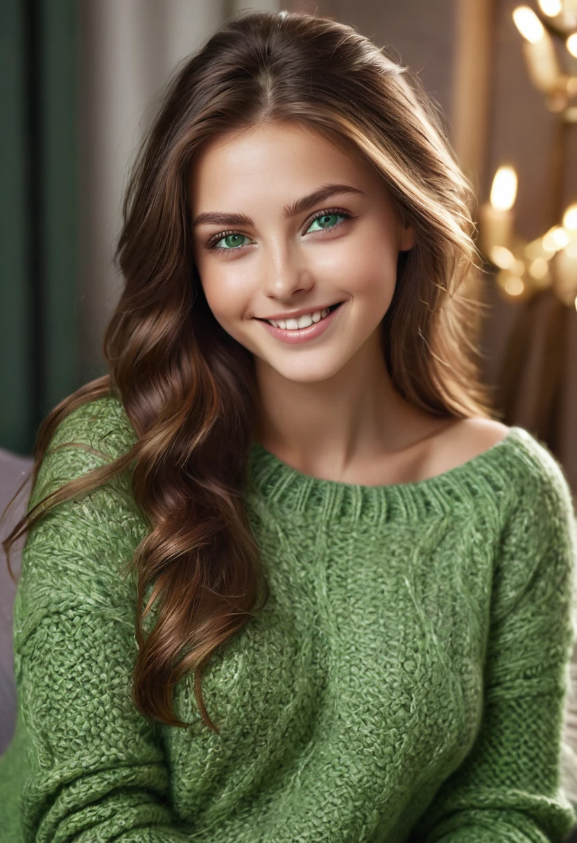 A stunning masterpiece of a high-res portrait of a beautifully detailed girl with long, shiny brown hair and mesmerizing green eyes, wearing a cozy sweater and flashing a gorgeous smile that accentuates her small yet perfectly-formed breasts.