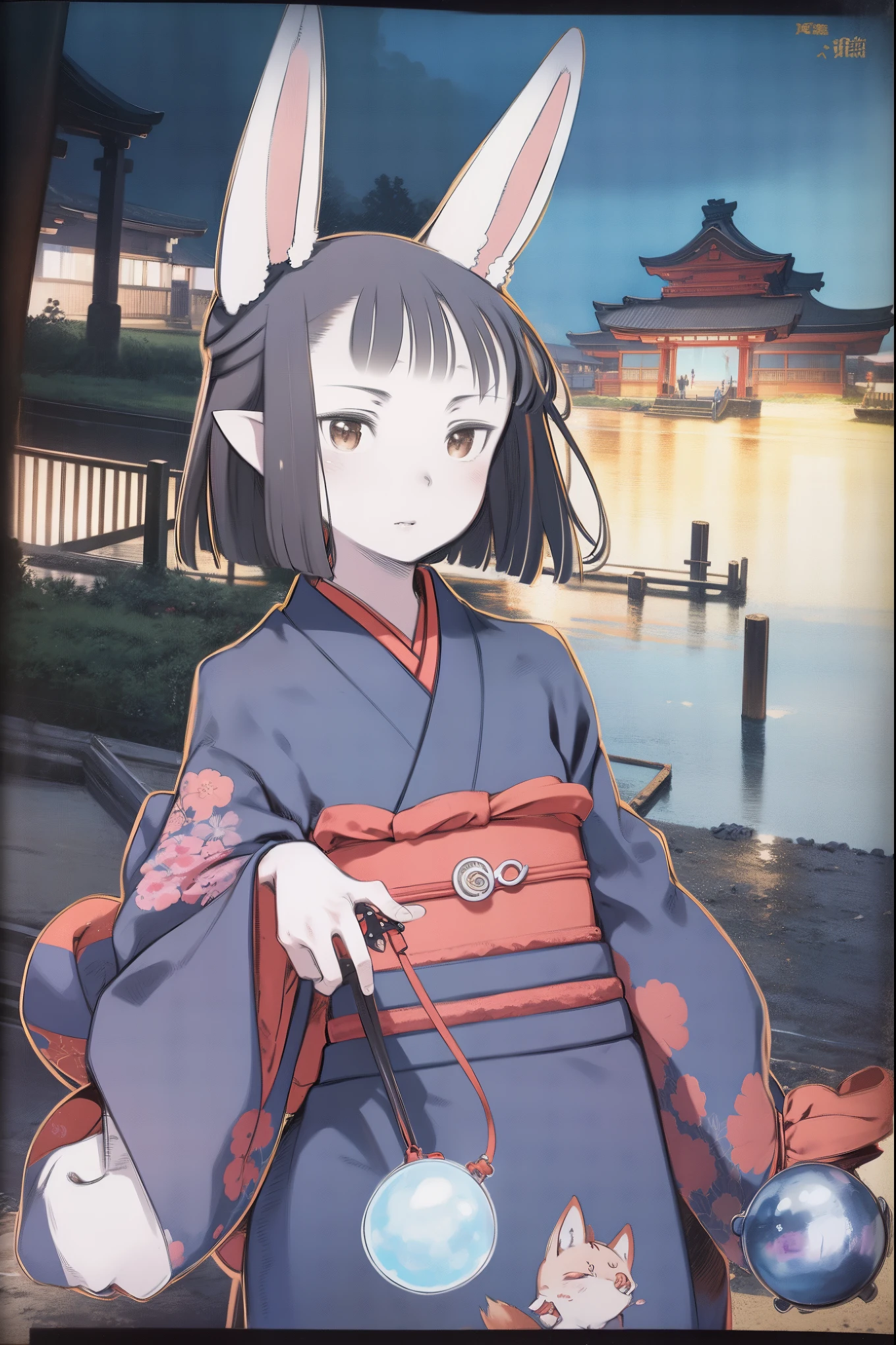 Hasaha, 1girl, _teen,o, brown eyes, animal ears, black hair, pointy ears, short_ hair, fox ears, bangs, blunt bangs, f, 
 japanese clothes, kimono, tail,  blue kimono, fox tail, crystal ball,
 masterpiece, high quality, very_high_resolution, large_filesize, full color,night_town_landscape, cobblestone_road