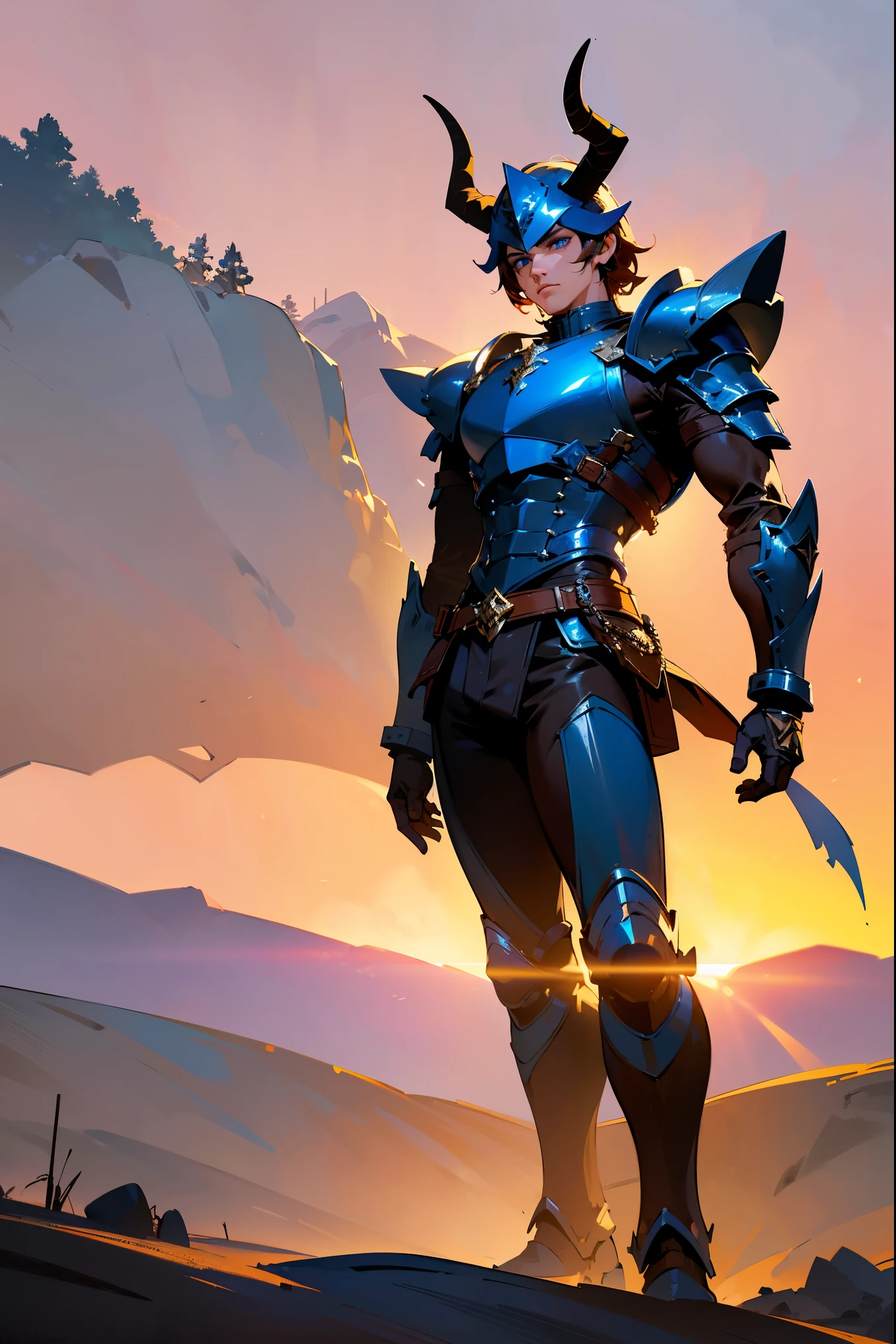 1 muscular man, short brown hair, beautiful detailed blue eyes, leather armor, horned helmet, black pants, standing on a dirt path, sunset over a battlefield background, (best quality,4k,8k,highres,masterpiece:1.2),ultra-detailed,concept art,digital painting,dramatic lighting,vivid colors,cinematic composition