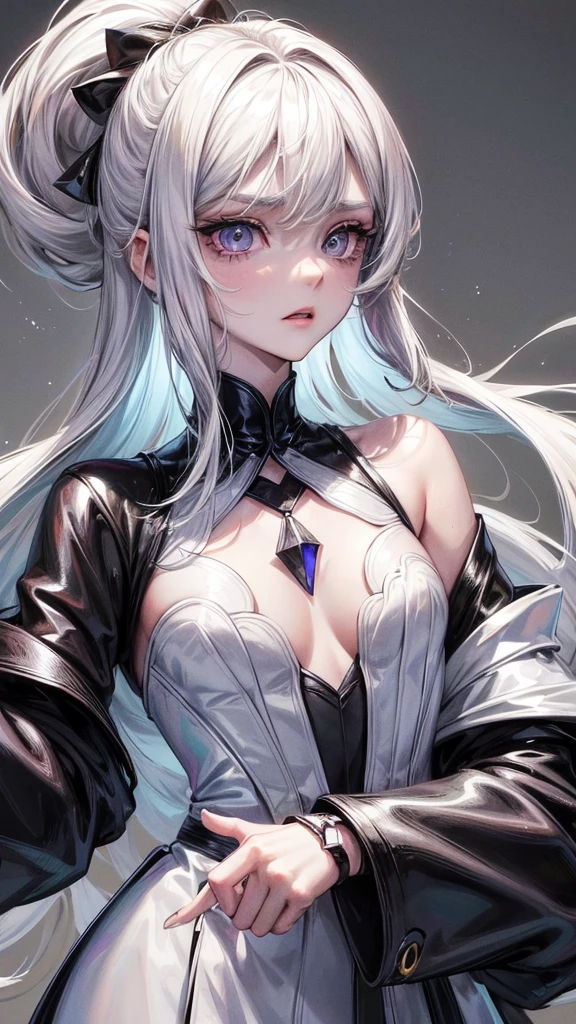 One beautiful woman, ,
long ponytail 、Platinum blonde hair color , purple eyes, beautiful eyes, detailed eyes ,
Two-tone hair colors,small face、anime makeup、"A girl with a cute and androgynous face"、white skin、cute eyes、Very thin eyebrows、tall、stylish black luxury fashion、stylish outfits 、、25 years old、British girl、Has a languid look、anger、Lower the corners of your mouth with no expression on your face、Photographed from the side diagonally、model photoshoot、masterpiece、highest quality、high resolution、luxurious 、glaring expression、korean makeup 、Cool photos、Various poses、rich , an expression of despair, lifeless eyes , plump body. knights outfit, royalty, guardian, the faces, handsome girl, handsome face,arms amors ,formal