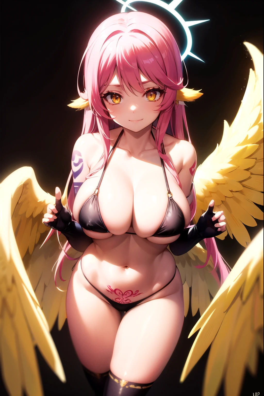 jibril, BREAK jibril, angel, angel wings, animal ears, bird ears, compass rose halo, feathered wings, feathers, gradient hair, halo, long hair, low wings, multicolored hair, navel, pink hair, symbol-shaped pupils, tattoo, chest tattoo, white wings, wing ears, wings, (yellow eyes:1.5), seductive look, seductive smile, smug, Shiny skin, big breast.
BREAK black bikini, g-string, thighhighs, long gloves.
BREAK (masterpiece:1.2), best quality, high resolution, unity 8k wallpaper, (illustration:0.8), (beautiful detailed eyes:1.6), extremely detailed face, perfect lighting, extremely detailed CG, (perfect hands, perfect anatomy), narrow eyes.