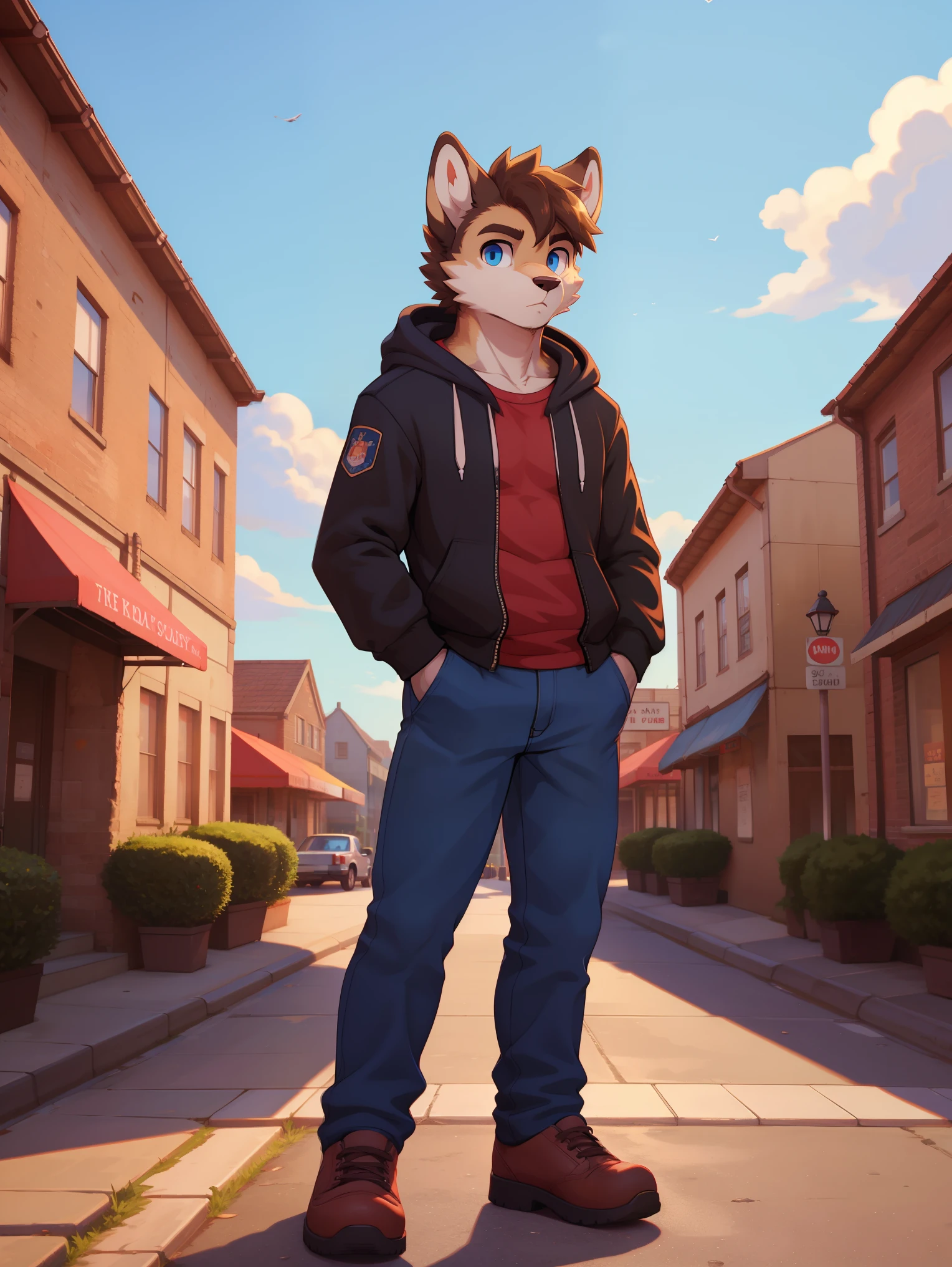 (cafesoda:1.1), zorro,  blue pants, sky blue eyes, multicolored fur, White skin, dark brown fur, black fur, wearing a hoodie, Alone, small town behind in the background. 1990s style photography
