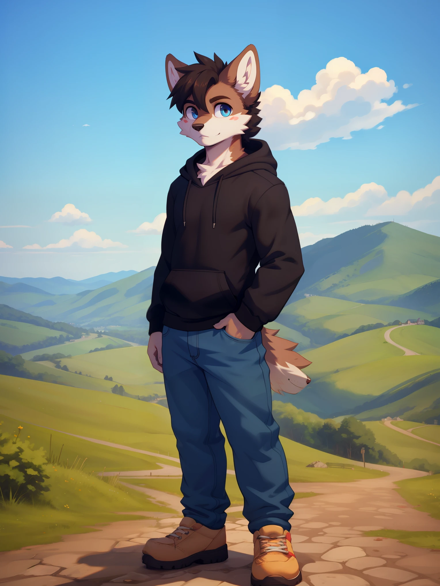 (cafesoda:1.1), zorro, blue pants, sky blue eyes, multicolored fur, White skin, dark brown fur, black fur, wearing a hoodie, Alone, posing on a green hill with a small town behind in the distance. old photography