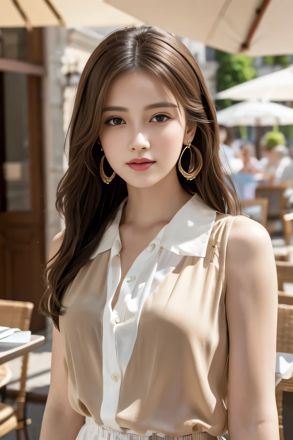 masterpiece, Highest quality, Realistic, Very detailed, Finer details, High resolution, 8k wallpaper, One beautiful woman,Wear a nice blouse, On the terrace of a lovely cafe, at noon, Light brown messy hair, Perfect dynamic composition, Beautiful and beautiful eyes、Big earrings、