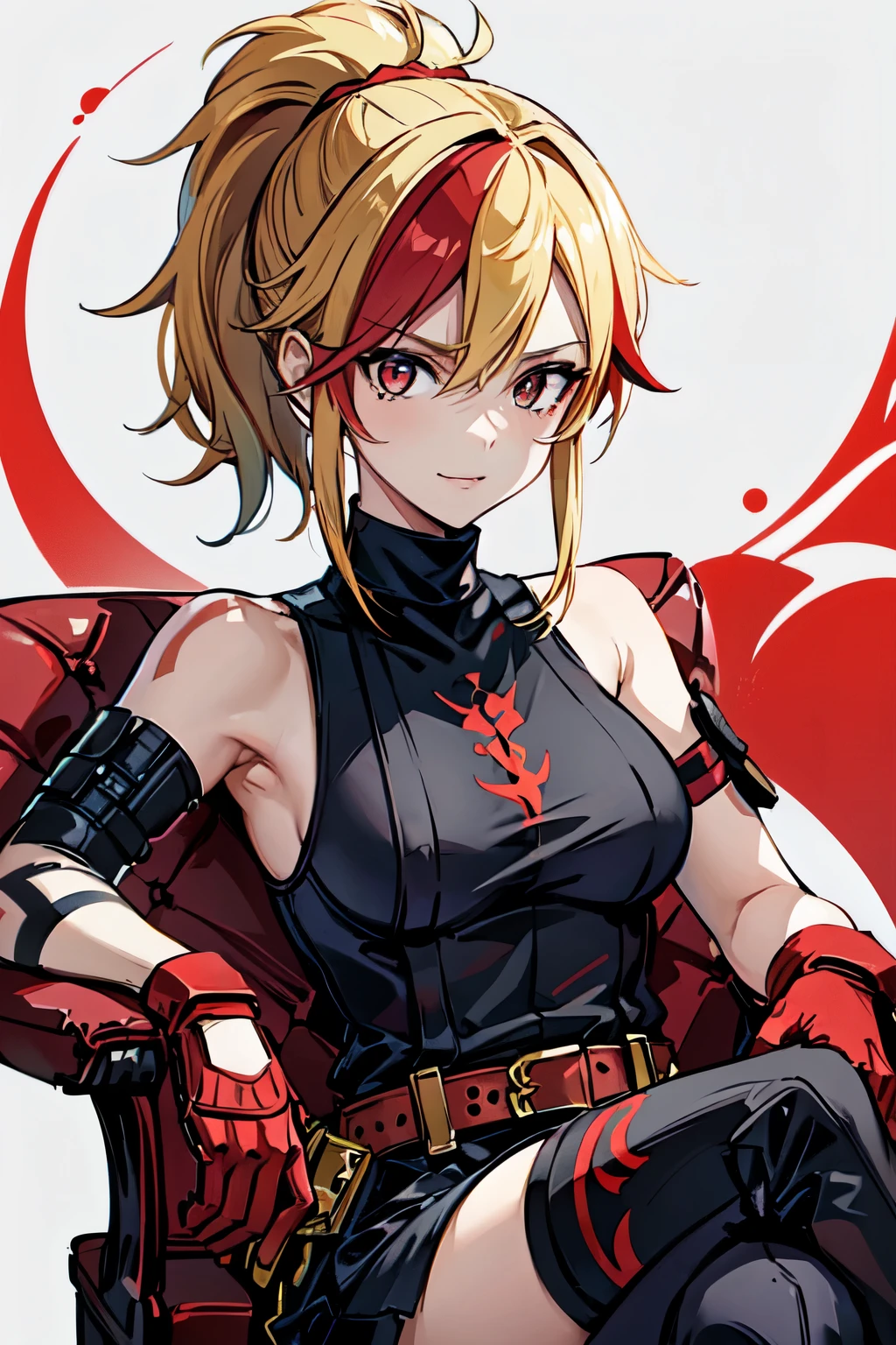 (masterpiece, best quality:1.2), red glowing eyes, red eyes, the eyes are red, perfect face, strong make up, highres, 1 girl, ultra long ponytail, (female:1.5), strife, blonde hair streaked with lots of red highlights, two colors hair (blond and red), hight flame mistress outfit, shoulder armor, sleeveless turtleneck, suspenders, belt, gloves, bracer pre potent smile, crossing legs, crossing arms , evil smile, evil pose, sitting, portrait, looking at viewer, Her hair is streaked with lots red and blonde highlights, moon tribal tattoo.