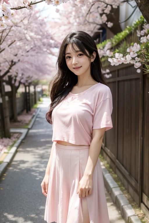 Of course!Let me paint a beautiful scene for you:In an alley in Japan,Sakura tree in bloom,Pink petals fall to the ground。girl standing under tree,The breeze ruffled her long straight black hair,Her big eyes flashed with a smile。She was wearing a white see-through short T-shirt and skirt,Slim figure,Full breasts。The picture quality of this scene is high,Makes you feel like you are in spring in Japan