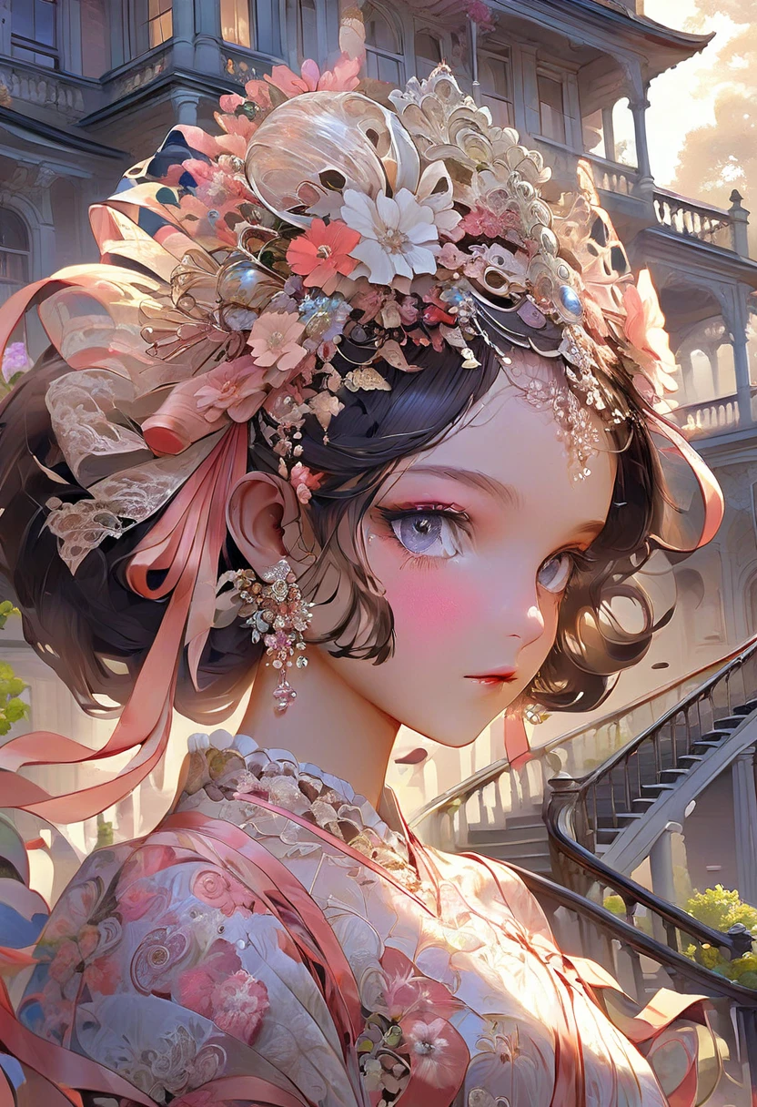 Masterpiece High resolution Fractal art Floral dress with lots of lace Stairs of a mansion Ribbon on the head One girl Beautiful girl Very delicate eye makeup