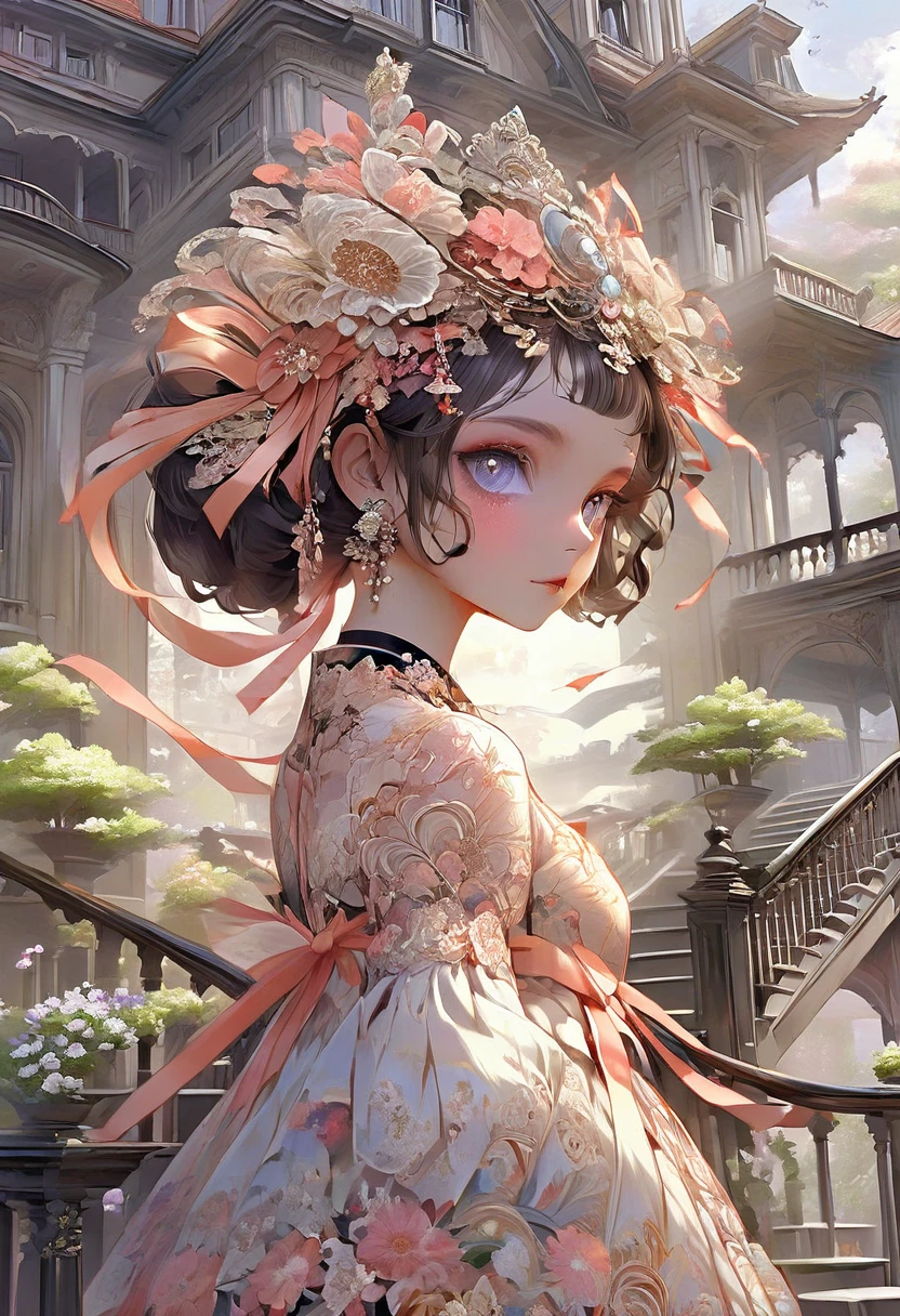 Masterpiece High resolution Fractal art Floral dress with lots of lace Stairs of a mansion Ribbon on the head One girl Beautiful girl Very delicate eye makeup