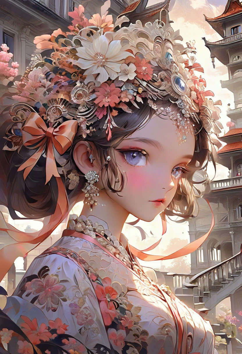 Masterpiece High resolution Fractal art Floral dress with lots of lace Stairs of a mansion Ribbon on the head One girl Beautiful girl Very delicate eye makeup