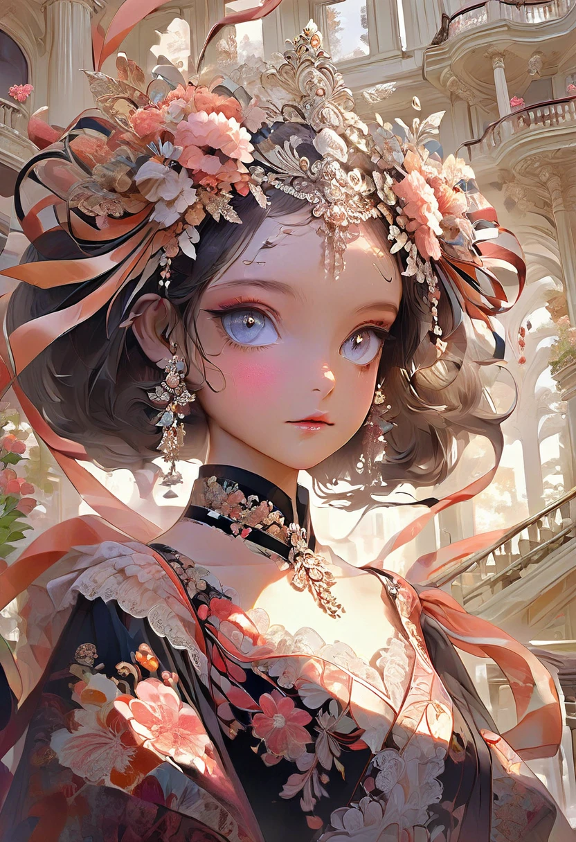Masterpiece High resolution Fractal art Floral dress with lots of lace Stairs of a mansion Ribbon on the head One girl Beautiful girl Very delicate eye makeup