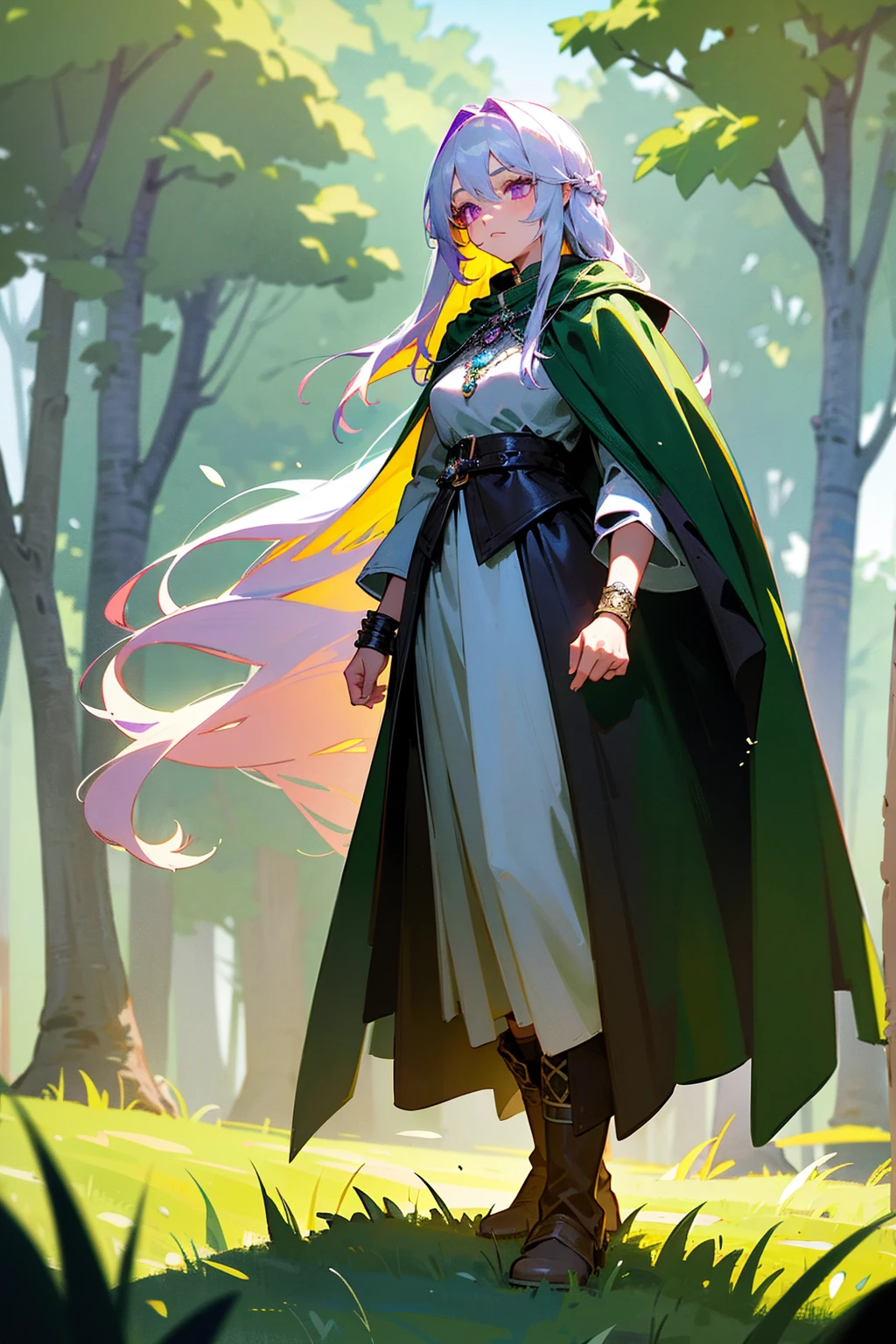 1girl, long white hair, violet eyes, green medieval cloak, silver bracelet, leather boots, athletic, standing on a grassy path, enchanted forest background, (best quality,4k,8k,highres,masterpiece:1.2),ultra-detailed,intricate details,cinematic lighting,vibrant colors,fantasy art,digital painting