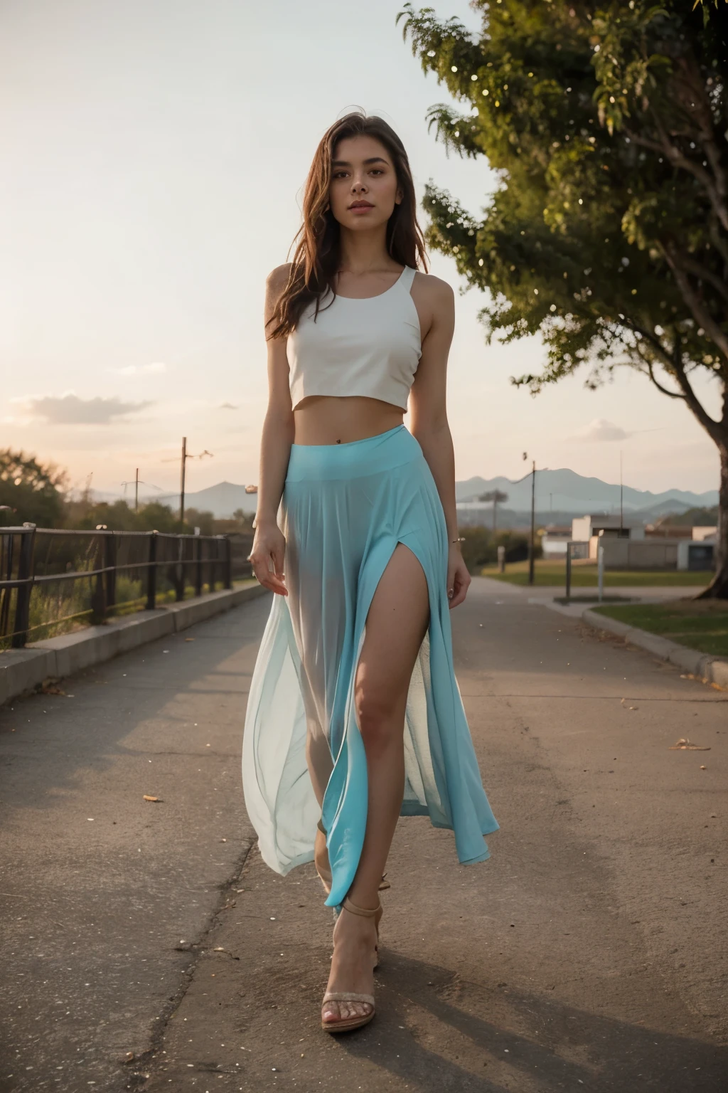 ((best quality)), ((masterpiece)), (detailed),  young  latina woman, dark, wavy hair,  round face and slender body,  taking a sunset stroll, her silhouette glowing in the fading light. She wears a flowing sunset orange maxi skirt that sways gently with each step, capturing the hues of the evening sky. Her cream-colored crop top offers a perfect contrast, highlighting her relaxed yet stylish demeanor. Turquoise sandals complete her outfit, adding a pop of color tranquility As she walks along  through a picturesque park, the warm colors of her attire blend harmoniously with the surroundings, making her a beautiful part of the sunset scene. perfect face, perfect hands. 