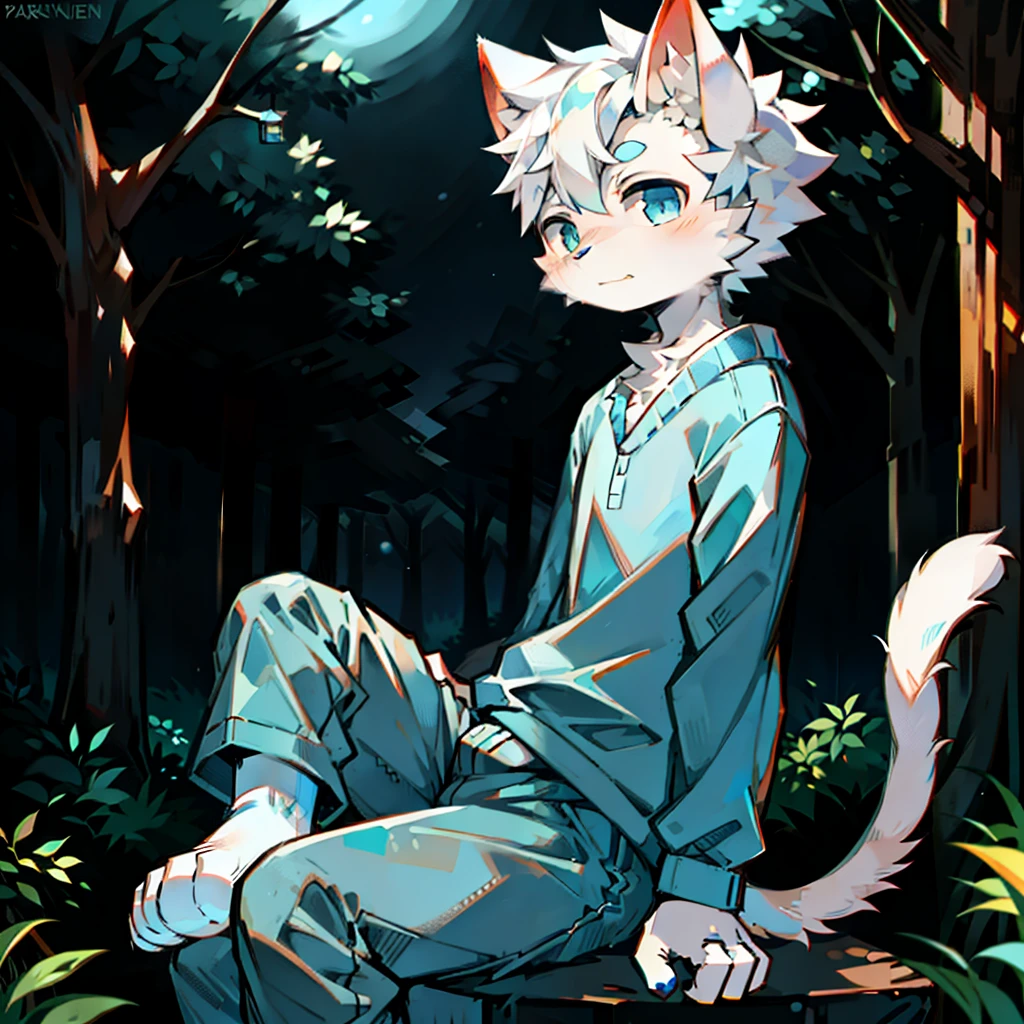 furry, cat boy,(White hair),(Dark gray skin),blue eyes,Sitting in the forest at night,((Wear long white socks)),Light blue pajamas and light blue pajama pants,The only person,high quality