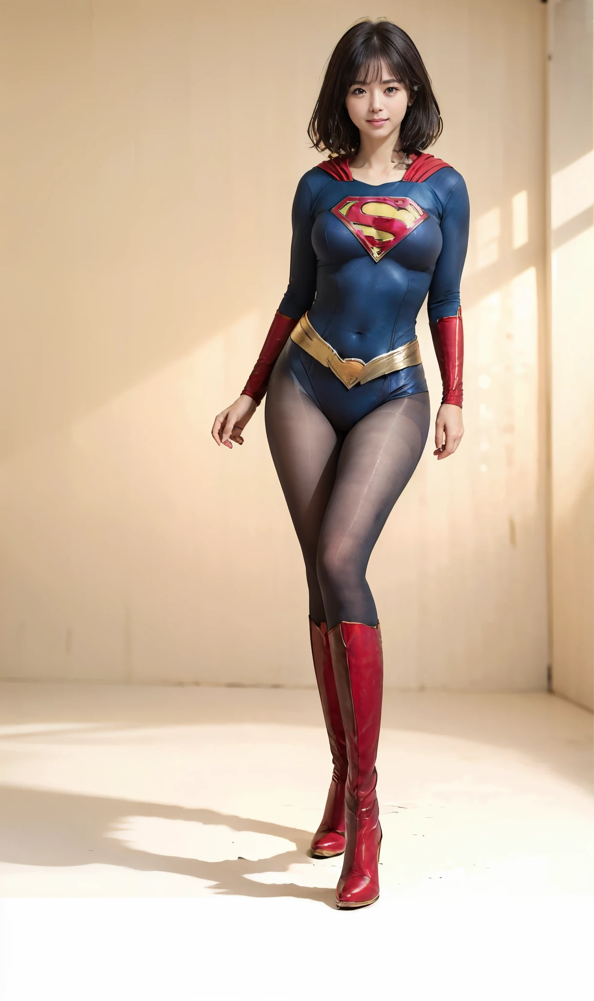 No background、She always has her mouth open、She always has a sad look on her face、Always close your eyes、(((Beautiful legs in black tights.)))、(((Stretch your legs、expensive、Showing a beautiful smile)))、((((Make the most of your original images)))、(((Supergirl Costume)))、(((Beautiful Short Hair)))、(((Suffering face)))、(((Black tights legs、Wear red boots)))、((Best image quality、8k))、((Highest quality、8k、masterpiece:1.3))、(((Preserve background )))、Sharp focus:1.2、Beautiful woman with perfect figure:1.4、Slim Abs:1.2、Wet body:1.5、Highly detailed face and skin texture、8k