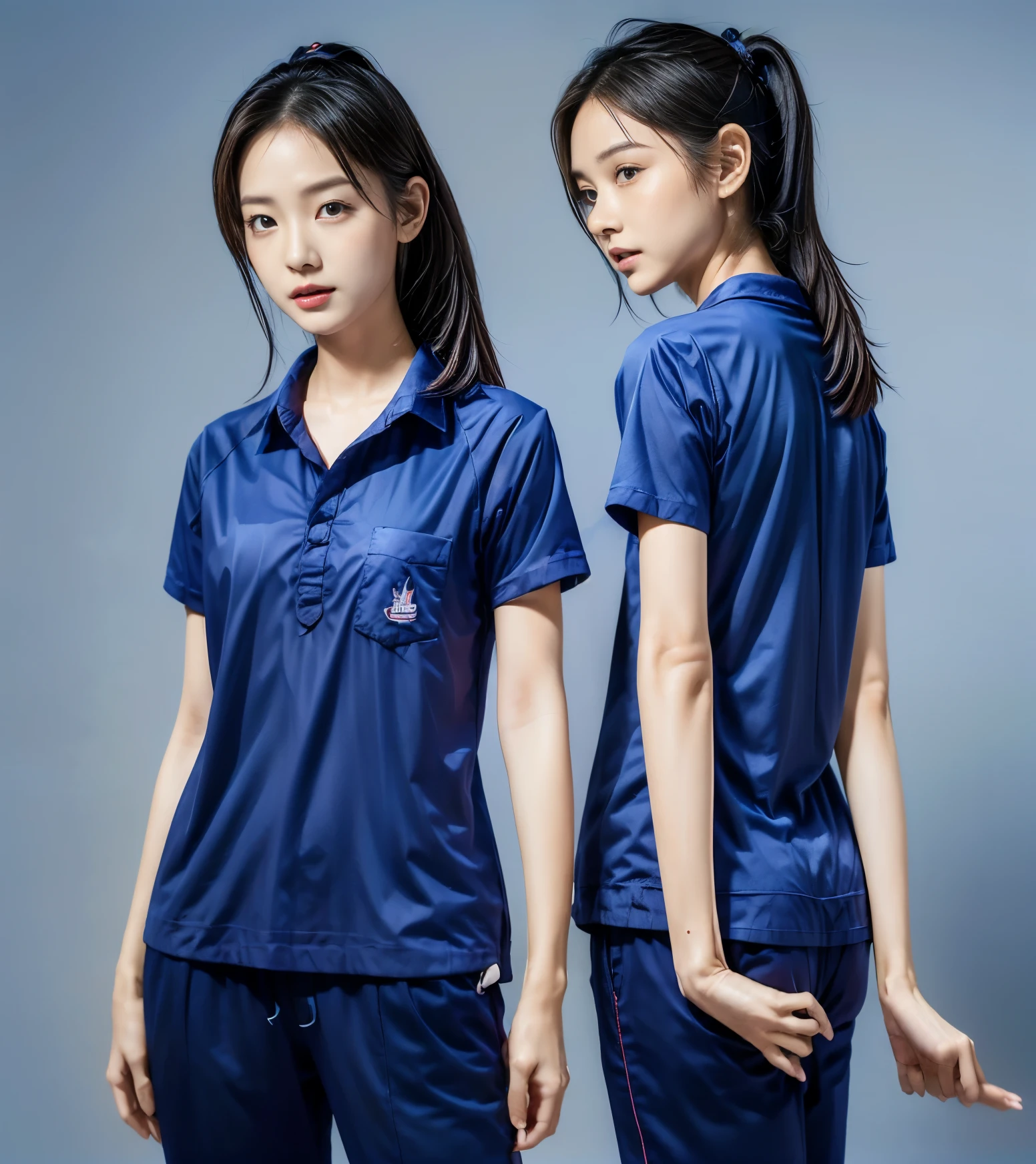 (best quality,10,10,height,Masterpiece:1.2),Special details,(realistic,ภาพrealistic,Realistic photos:1.37),1 Cute girl in the kitchen,shiny, ผิวshiny,only,smile softly,BDclothelue shirt:1.3)),short sleeve,shirt, กางเกงขาlong.,(navy_long_track pants:1.1), ((Kitchen Background)),Dynamic angle,excited,Face focus,dynamic poses,from behind,focus on ass,Masterpiece, best quality, ultra realistic, hyper detail, 8k resolution, raw photos, Sharp focus, ((Navy blue shirt:1.1)), short sleeve, เส้นทางlong, perfect body, 2 mature women, 18 years old, Cinema-grade lighting system,blue sweatpants,shirtผ้าออกกำลังกาย,correct anatomy,perfect body, correct body, Sharp face, correct bodyทางกายวิภาค, full body, realistic gestures, long-haired, realistic poses,Wear long shorts...........................,ช่วงขาlong,Good shape,carved girl, Slender figure, model, Good shape, beautiful body,blue sweatpants, two girls kissing