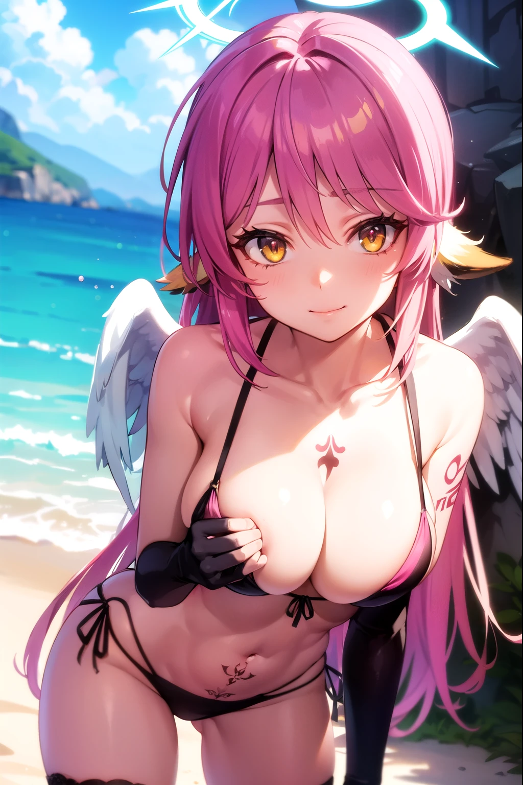 jibril, BREAK jibril, angel, angel wings, animal ears, bird ears, compass rose halo, feathered wings, feathers, gradient hair, halo, long hair, low wings, multicolored hair, navel, pink hair, symbol-shaped pupils, tattoo, chest tattoo, white wings, wing ears, wings, (yellow eyes:1.5), seductive look, seductive smile, smug, Shiny skin, big breast, beach.
BREAK black bikini, g-string, thighhighs, long gloves.
BREAK (masterpiece:1.2), best quality, high resolution, unity 8k wallpaper, (illustration:0.8), (beautiful detailed eyes:1.6), extremely detailed face, perfect lighting, extremely detailed CG, (perfect hands, perfect anatomy), narrow eyes.