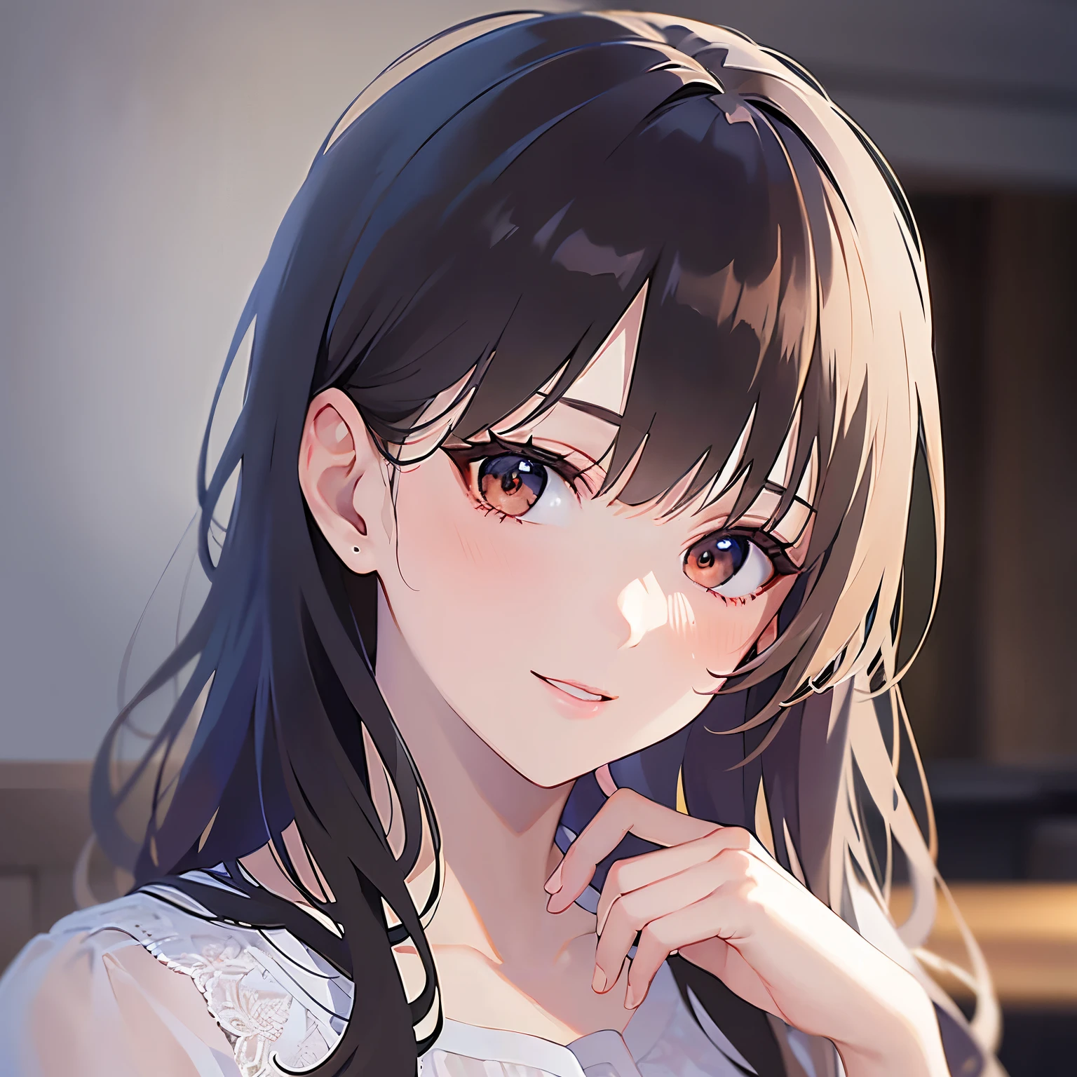 (looking at viewer:1.5),Upper Body,Looking up、Hands on ears、
Realistic, real person, (pale skin: 1.2), RAW photo, photorealistic, shiny skin, shiny hair、
(A 25-year-old woman with medium-length hair and bangs) and (wavy hair) and (brown hair) and (orange eyes) 、
smile, Wearing a white V-neck top 、The background is the interior of a restaurant at night.