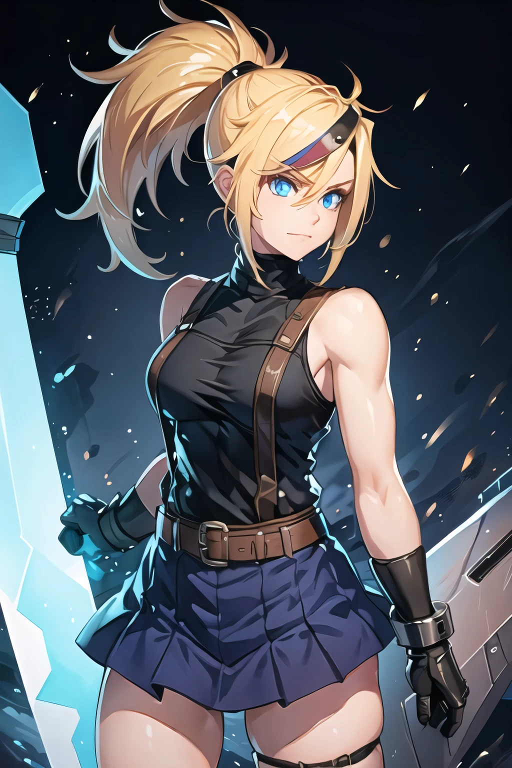 (masterpiece, best quality:1.2), Blue  glowing eyes, perfect face, highres, 1 girl, solo, ultra long ponytail, (female:1.5), strife, blonde hair, shoulder armor, sleeveless turtleneck, suspenders, belt, gloves, bracer, evil smile, standing, portrait, looking at viewer, giant sword on the back