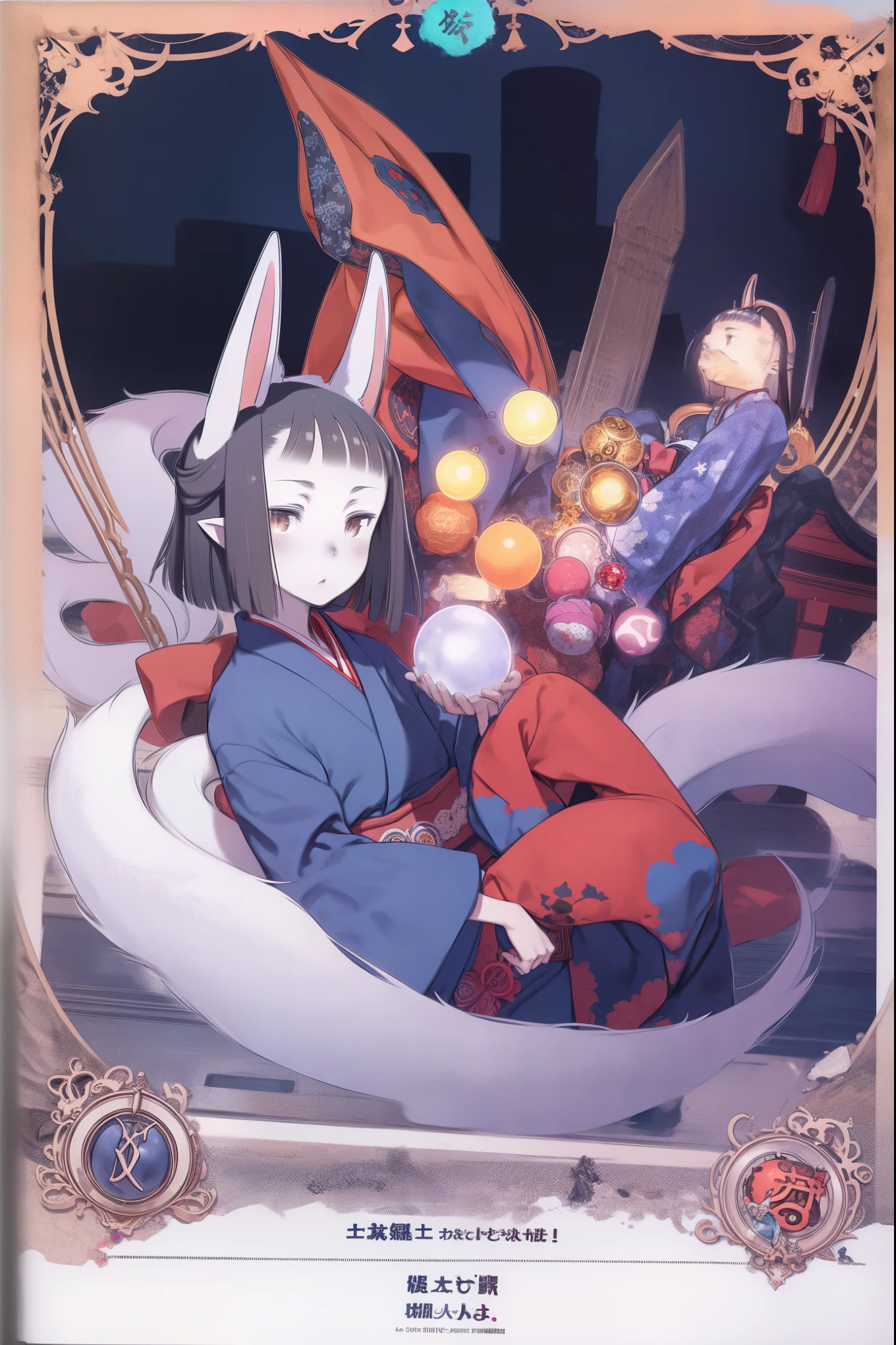 Hasaha, 1girl, young_teen, soro, brown eyes, animal ears, black hair, pointy ears, short_ hair, fox ears, bangs, blunt bangs, f,
japanese clothes, kimono, tail, blue kimono, fox tail, crystal ball,
masterpiece, high quality, very_high_resolution, large_filesize, full color,night_town_landscape, cobblestone_road