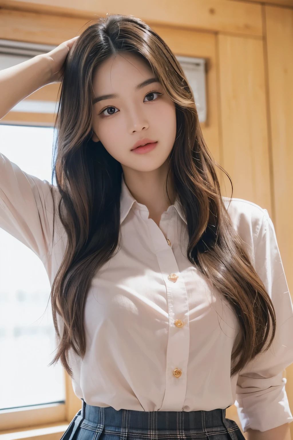 Realistic, masterpiece, Highest quality, Highest Resolution, Japanese , 16 years old, Upper body photo, (Sharp eyes, Squint your eyes, Embarrassing, Open your mouth, Lift your chin, Hunchback), Beautiful and detailed eye drawing, (Droopy eyes:1.3), iris, Thin eyebrows, Draw eyelashes carefully, (Hidden eyelid wrinkles:1.3), Gal Makeup, (Pink gold wavy hair, Long Hair, middle part:1.3), Wearing a plain white button-up shirt., She wears a short, gray, Checkered Pleated Skirt., The subject was photographed at an angle from below, School classroom