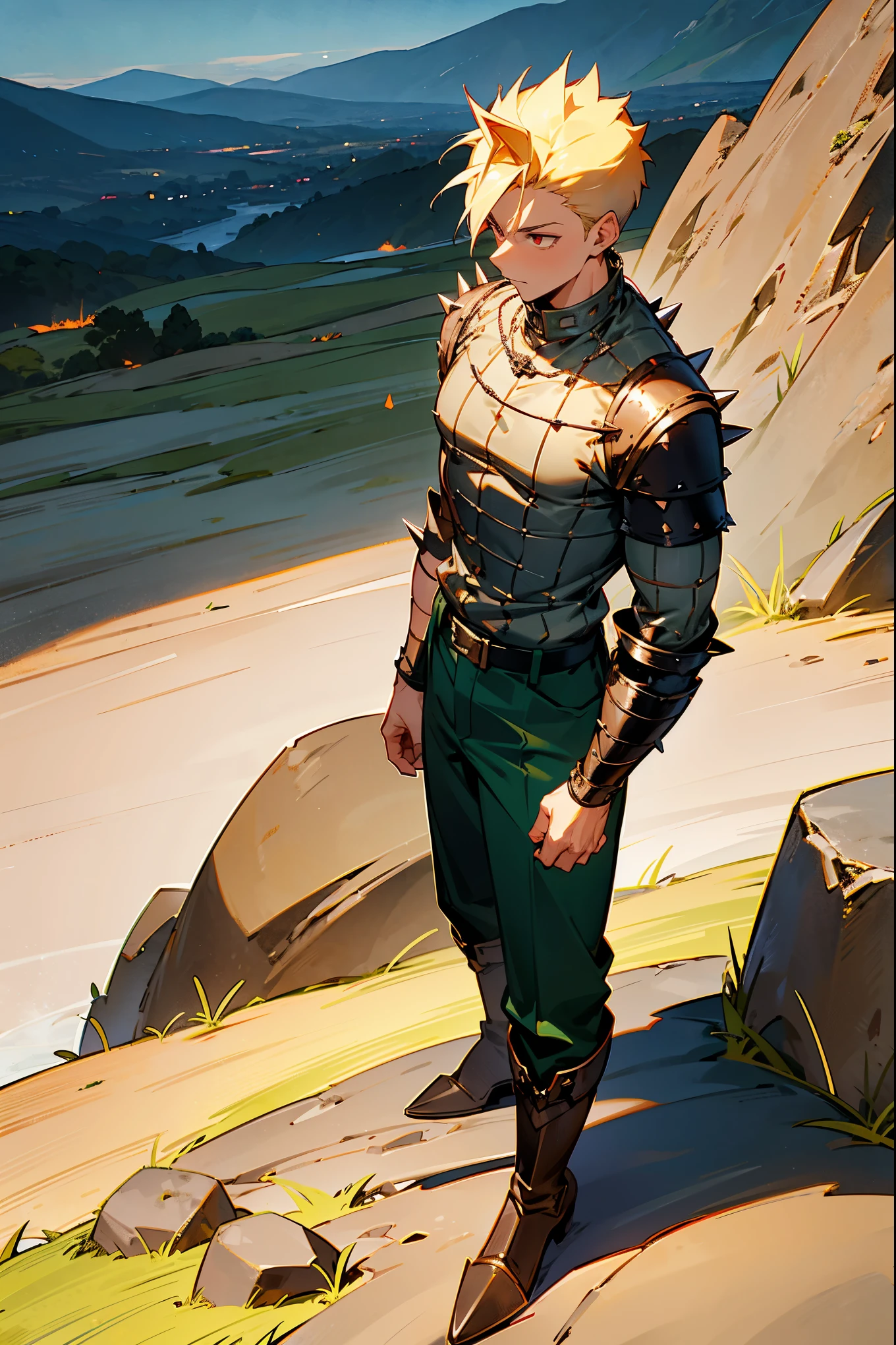 1male, spiky blonde hair, red eyes, chainmail shirt, dark green trousers, brown boots, tall, standing on a stone path, mountain range background, masterpiece, 8k.