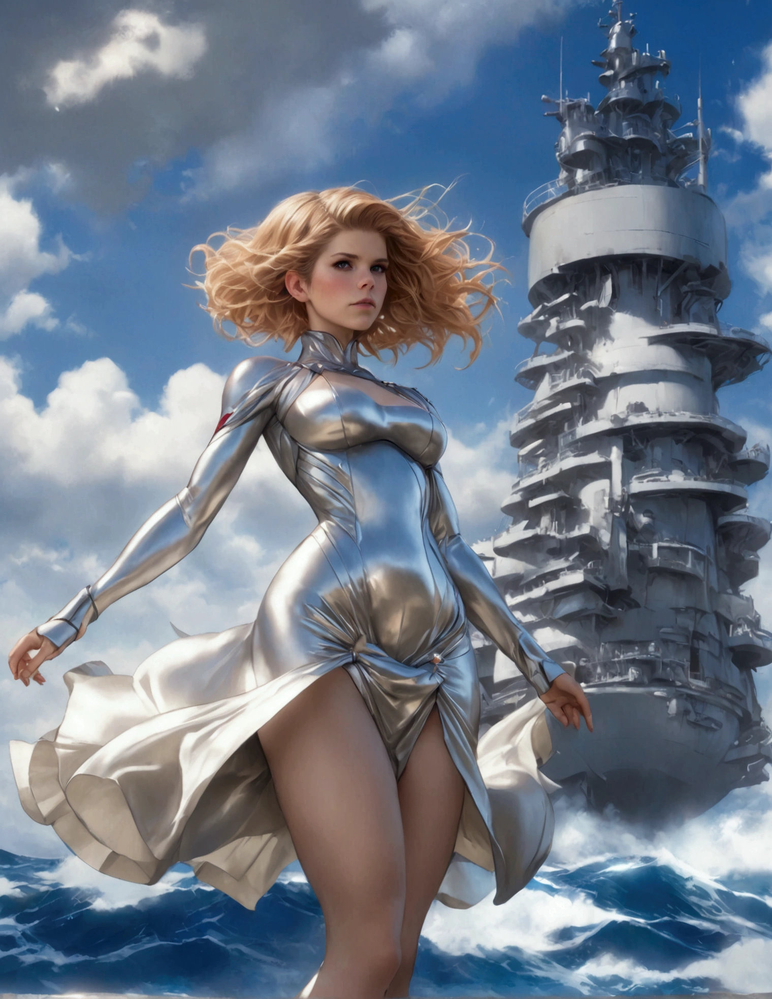 1girl (kate mara), st. louis (azur lane), standing, upper body, dress, silver dress, (revealing clothes:1.3), scenery,, anirl, best quality, ultra high res,