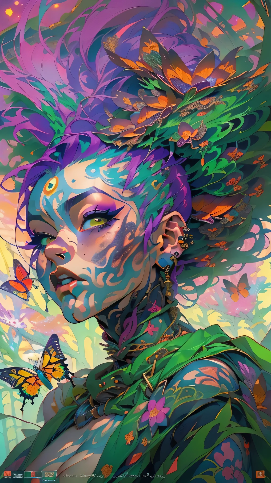 (NSFW:1.4), (masterpiece, top quality, best quality, official art, beautiful, cosmic, atmospheric, psychedelic, dreamlike and aesthetic:1.2), (1girl, green punk rock mohawk hair, tons of tattoos and piercings, super huge enormously gigantic tits), extreme detailed,(fractal art:1.3),colorful,highest detailed, cherry blossoms and butterflies blowing in the wind