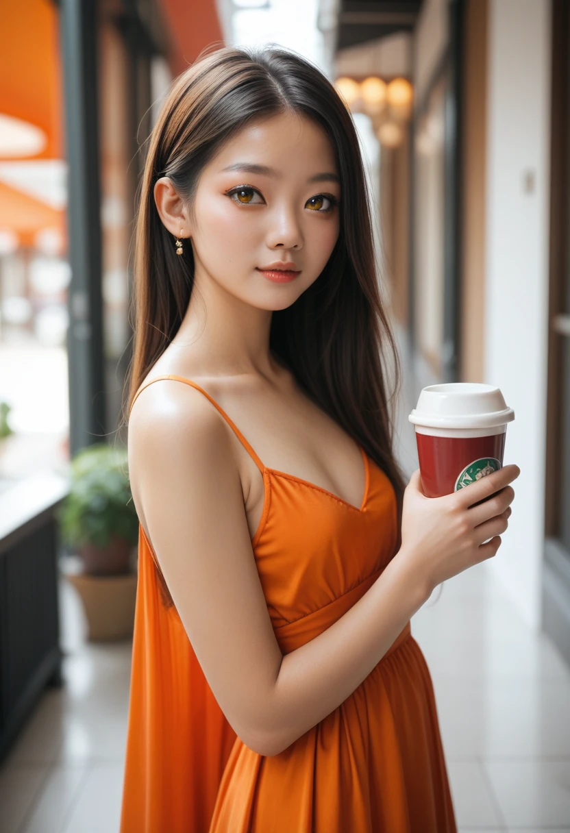 Young Mexican girl of 17 years, with long hair, straight and brown with amber eyes and semi-Asian features. Dressed in an orange and red cup dress. with 1.60 meters tall and slim build